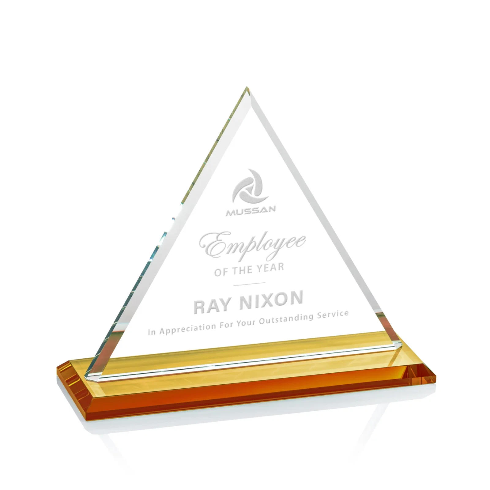 Personalized Starfire Crystal Triangle Award With Contrasting White Base for donor appreciation