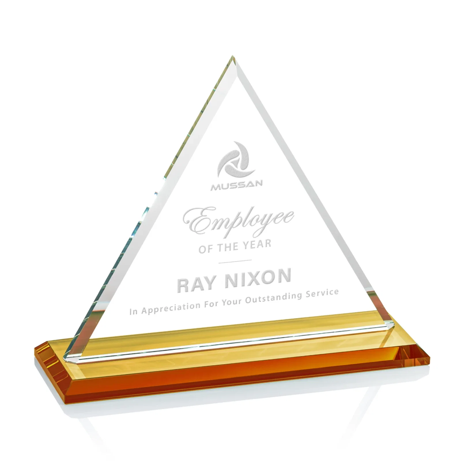 Personalized Starfire Crystal Triangle Award With Contrasting White Base for safety achievement programs