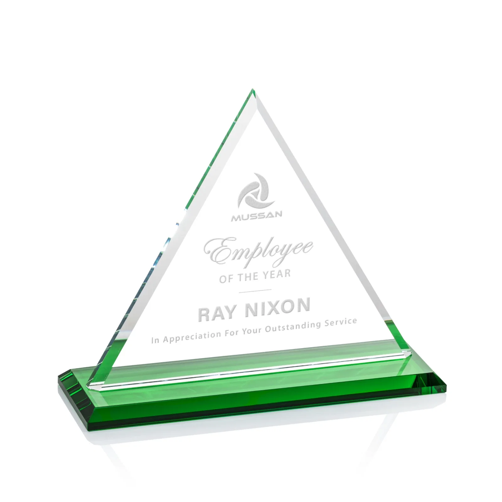 Personalized Starfire Crystal Triangle Award With Contrasting White Base for dealer and partner awards