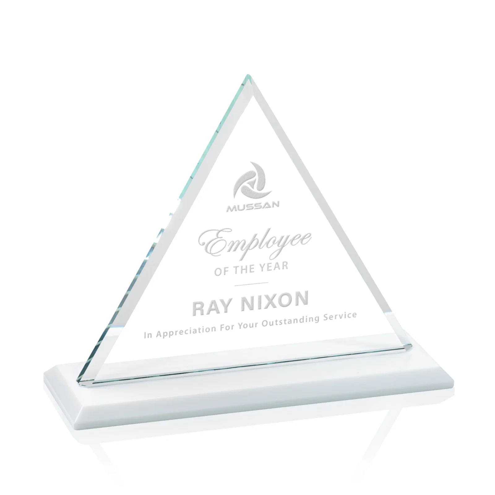 Custom Starfire Crystal Triangle Award With Contrasting White Base for service anniversary gifts