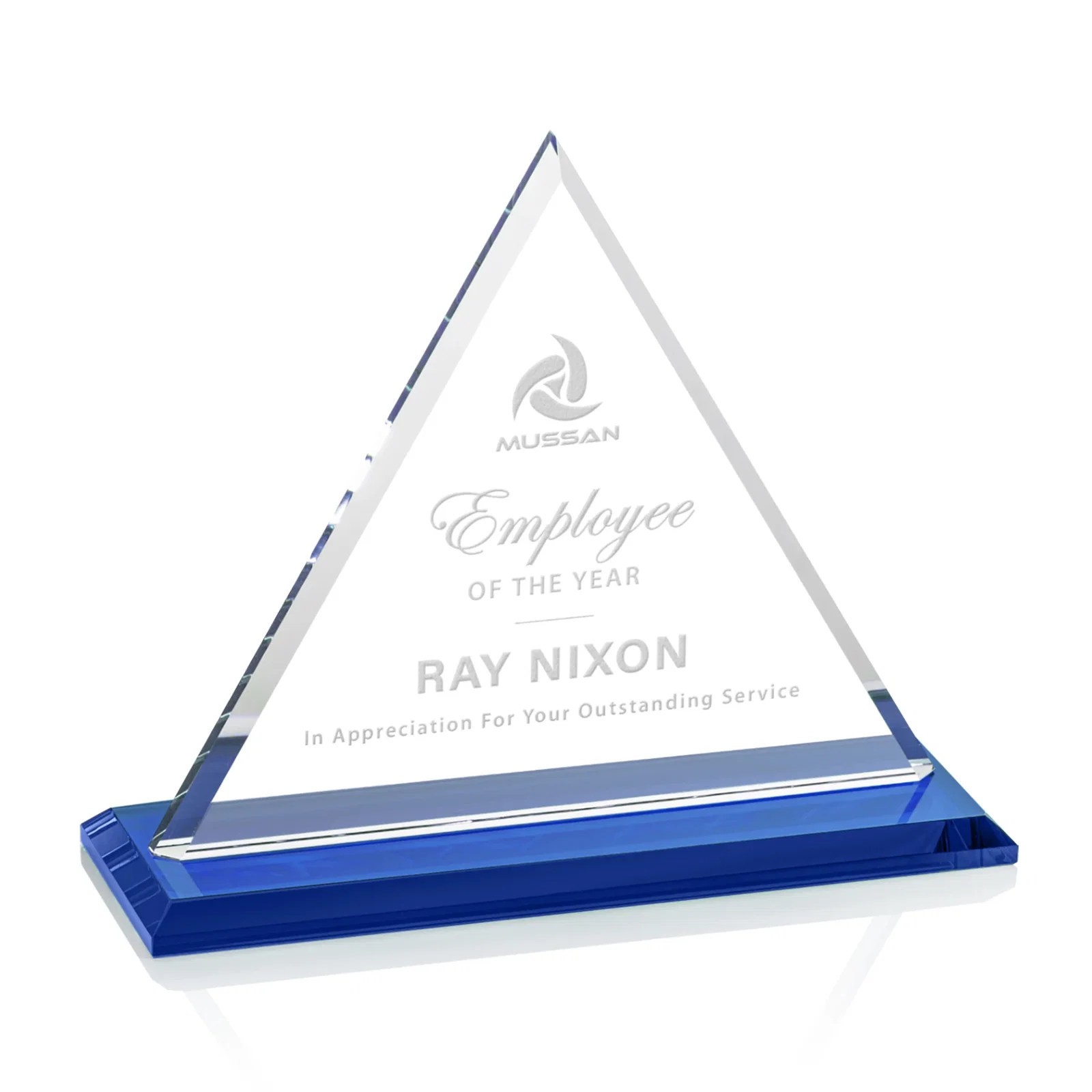 Promotional Starfire Crystal Triangle Award With Contrasting White Base for retirement presentations