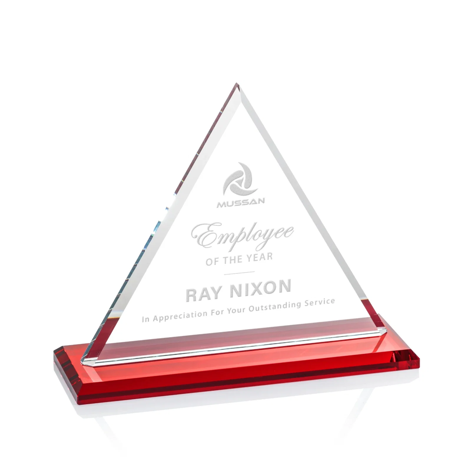 Promotional Starfire Crystal Triangle Award With Contrasting White Base for donor appreciation