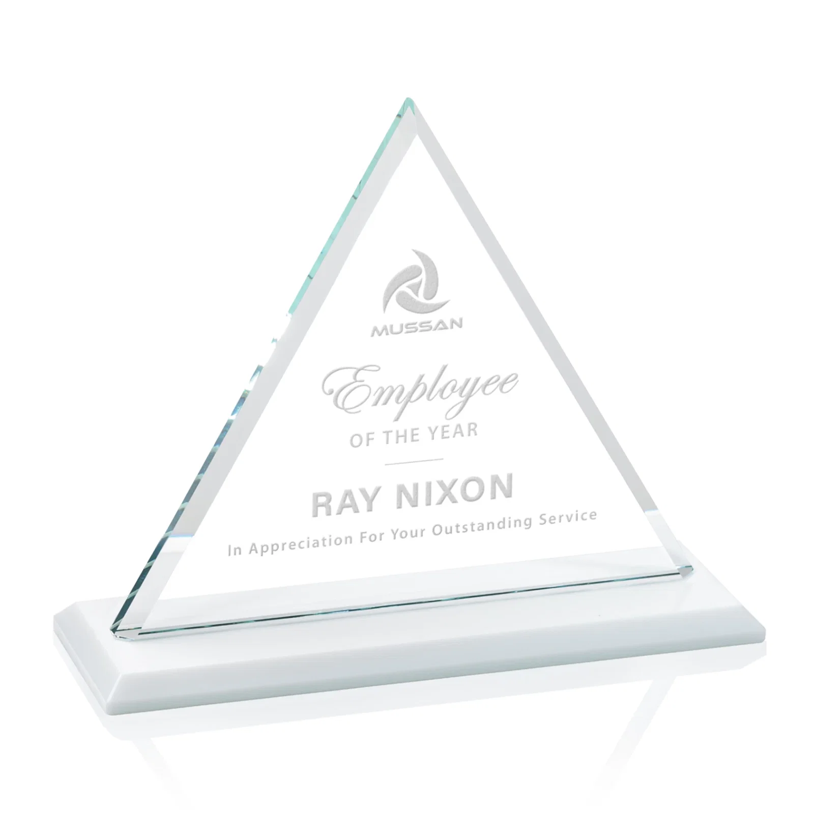 Custom Starfire Crystal Triangle Award With Contrasting White Base for sales achievement awards