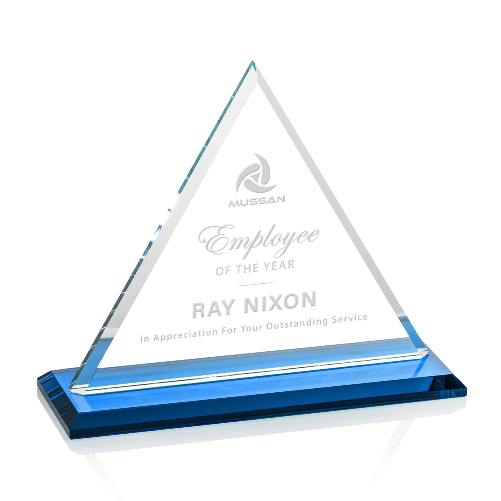 Branded Starfire Crystal Triangle Award With Contrasting White Base for employee recognition