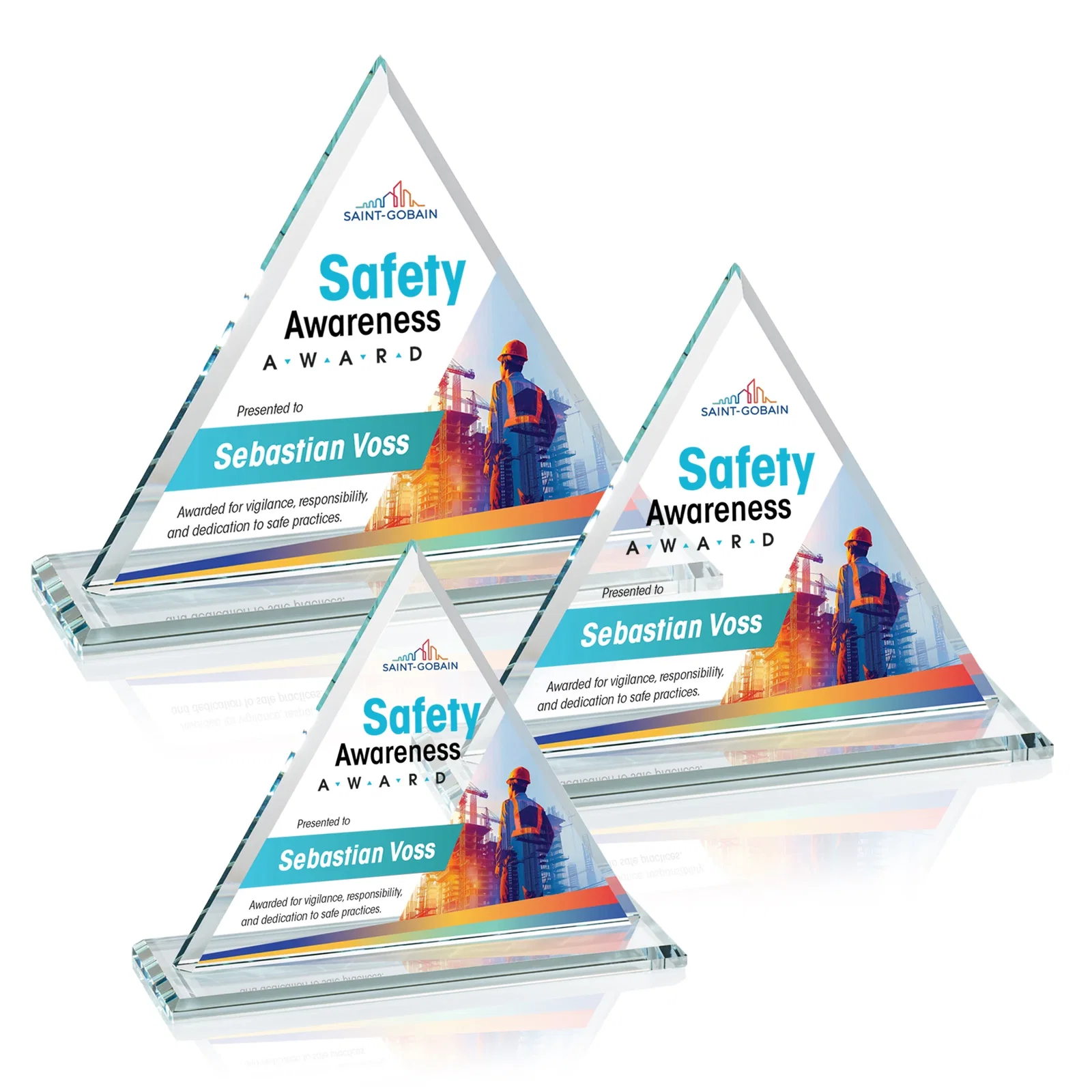 Branded Starfire Crystal Triangle Award With Contrasting White Base for corporate award ceremonies