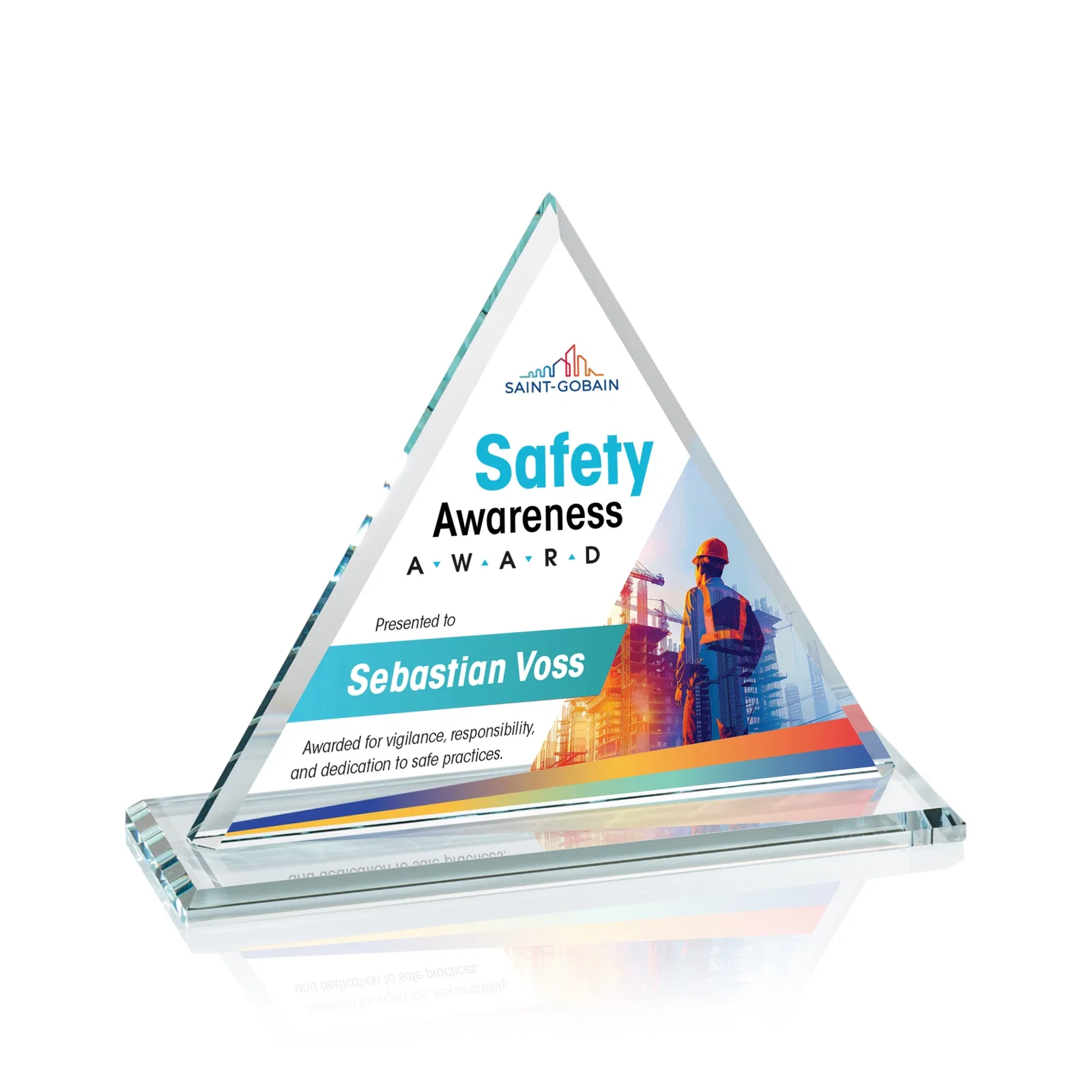 Branded Starfire Crystal Triangle Award With Contrasting White Base for service anniversary gifts