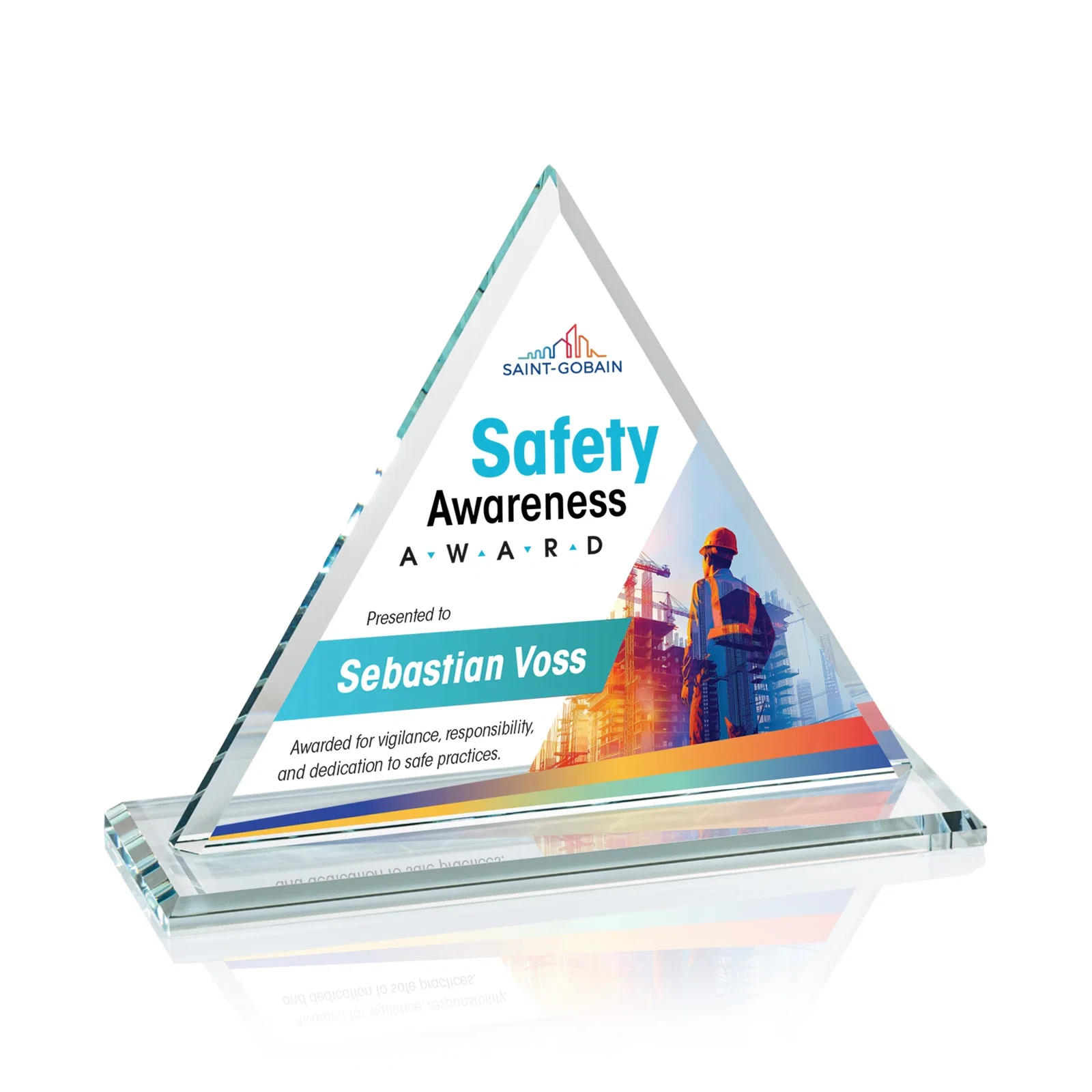 Branded Starfire Crystal Triangle Award With Contrasting White Base for sales achievement awards