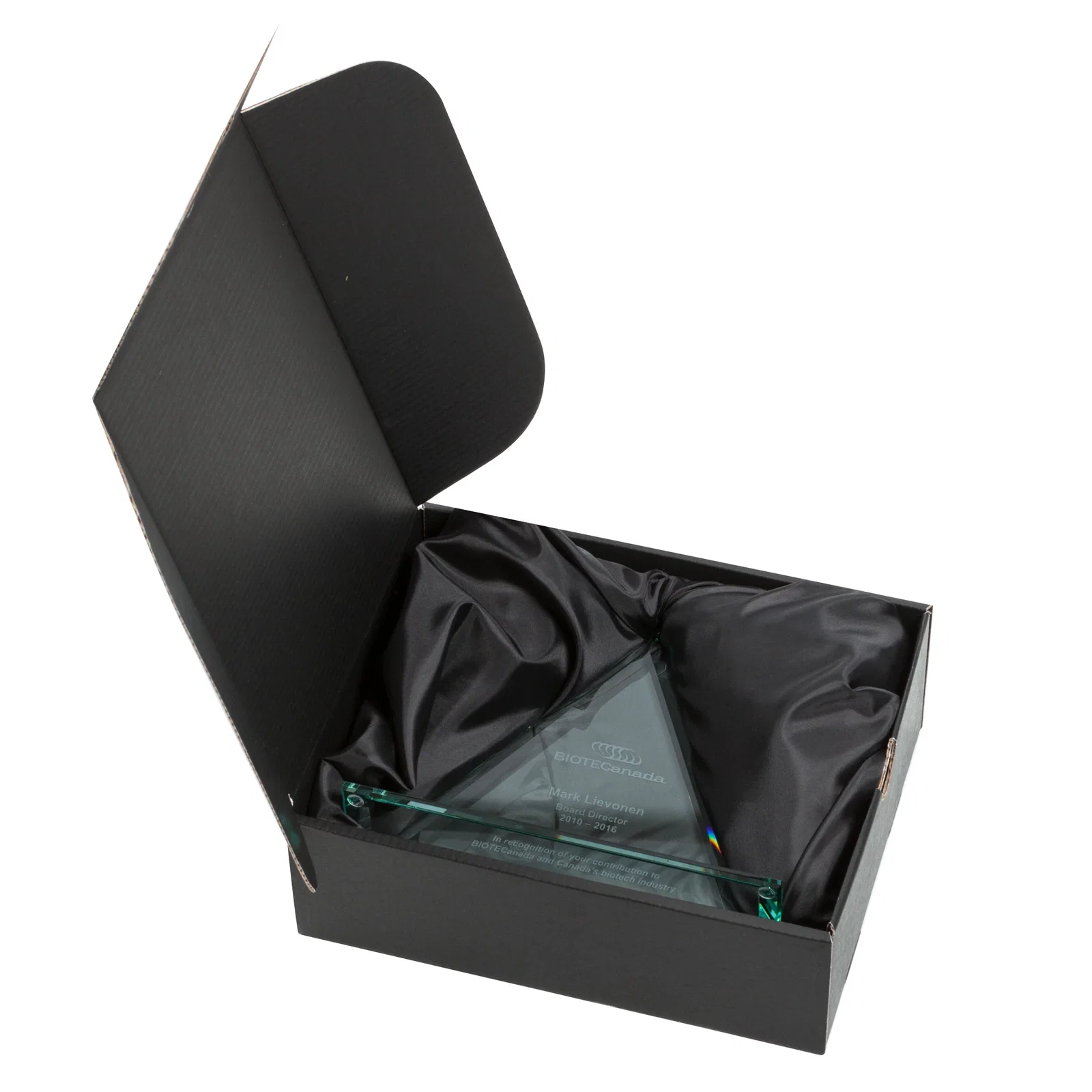 Custom Starfire Crystal Triangle Award With Contrasting White Base for retirement presentations