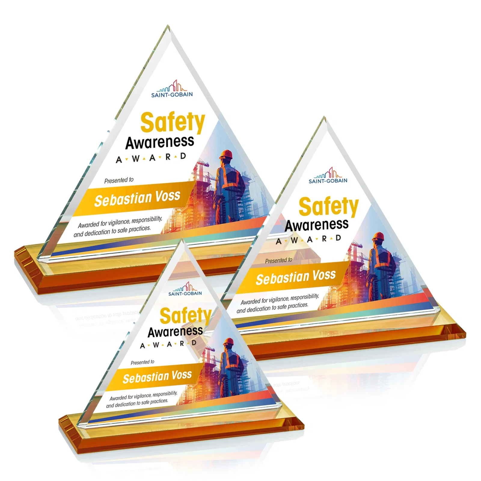 Branded Starfire Crystal Triangle Award With Contrasting White Base for team milestone celebrations