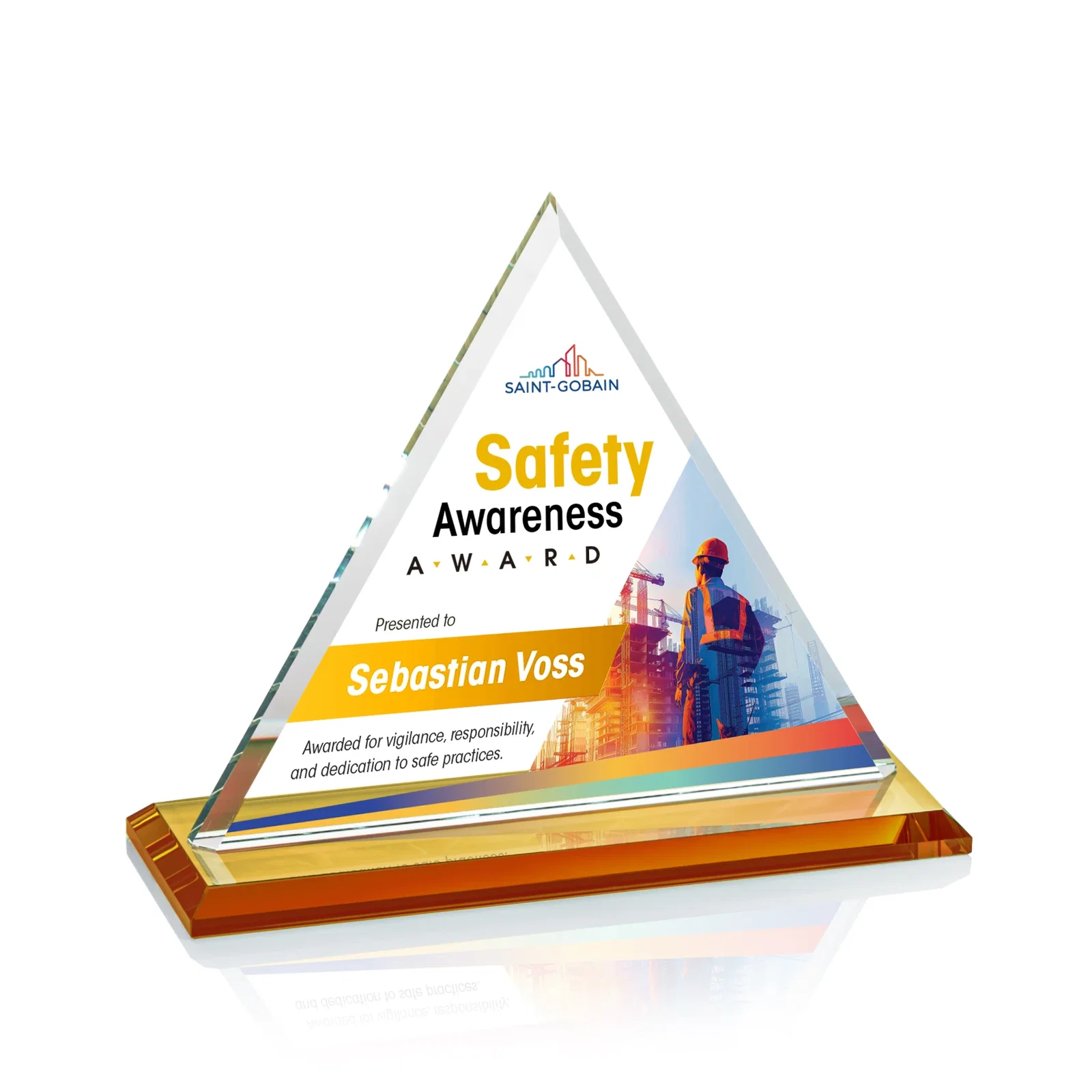 Branded Starfire Crystal Triangle Award With Contrasting White Base for donor appreciation