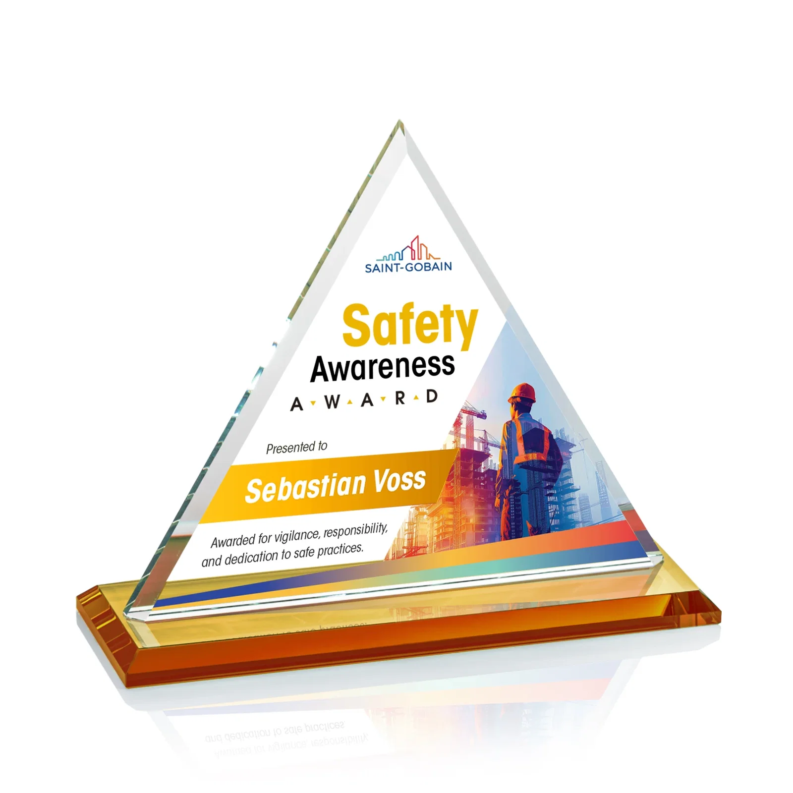Branded Starfire Crystal Triangle Award With Contrasting White Base for graduation ceremonies