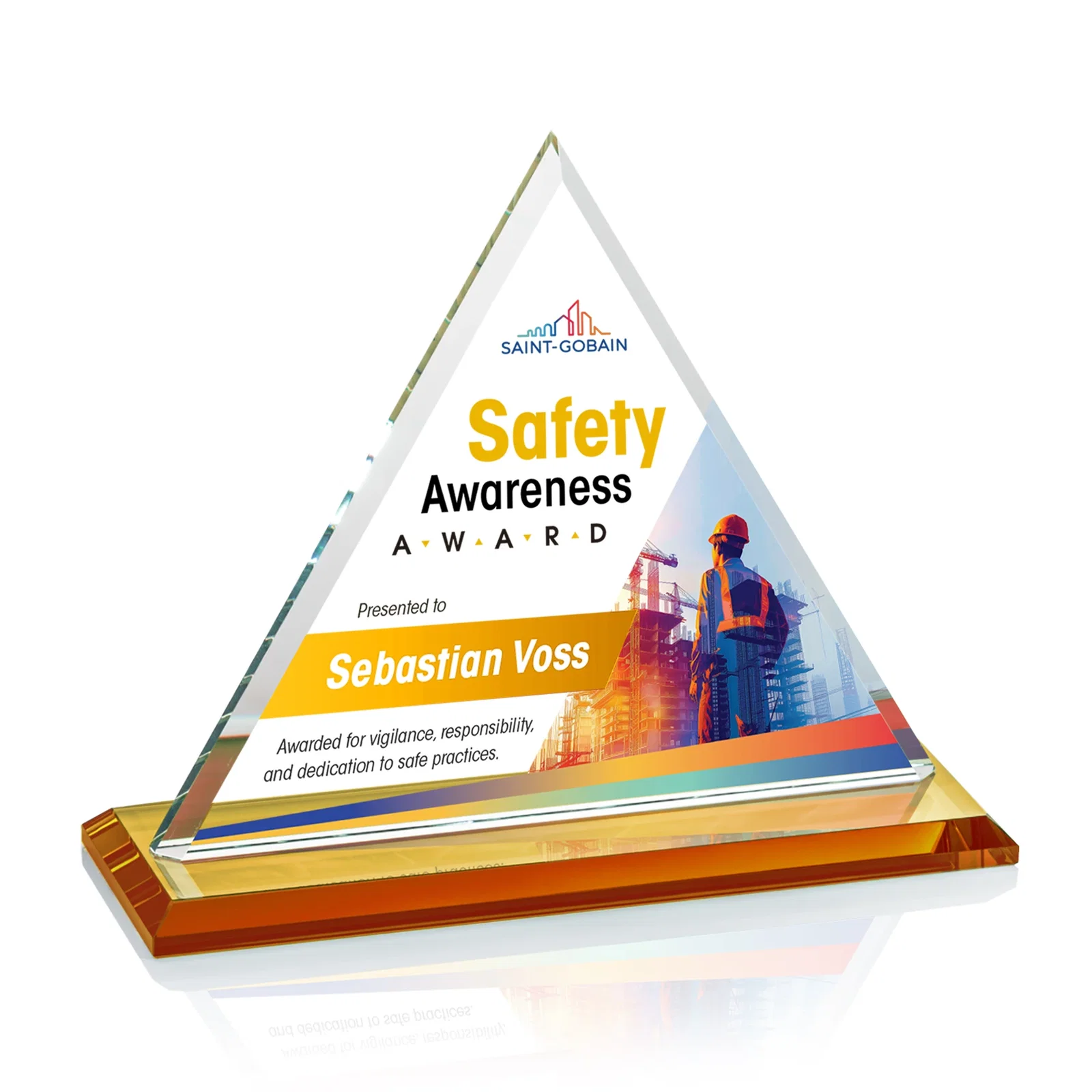 Branded Starfire Crystal Triangle Award With Contrasting White Base for safety achievement programs