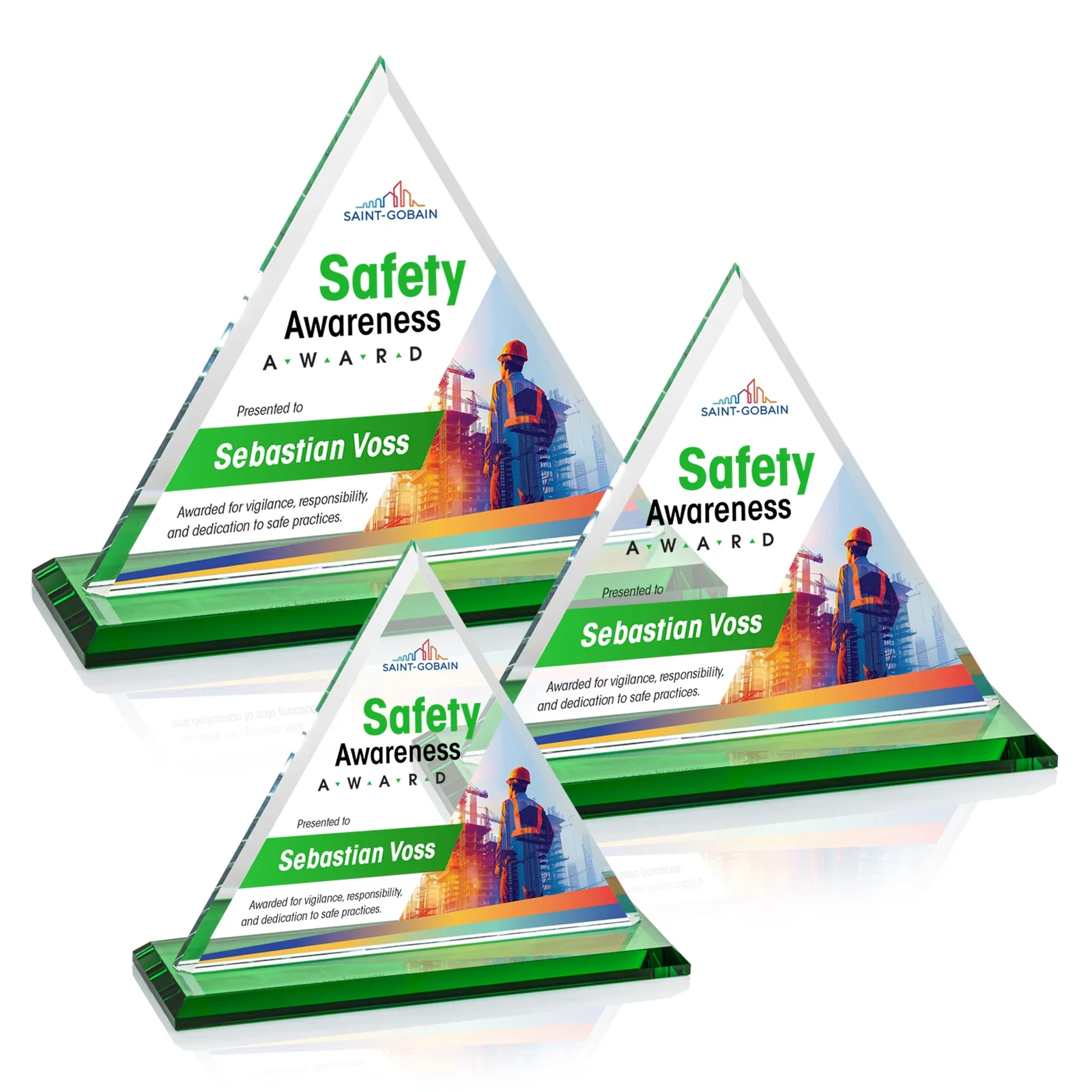 Branded Starfire Crystal Triangle Award With Contrasting White Base for volunteer appreciation