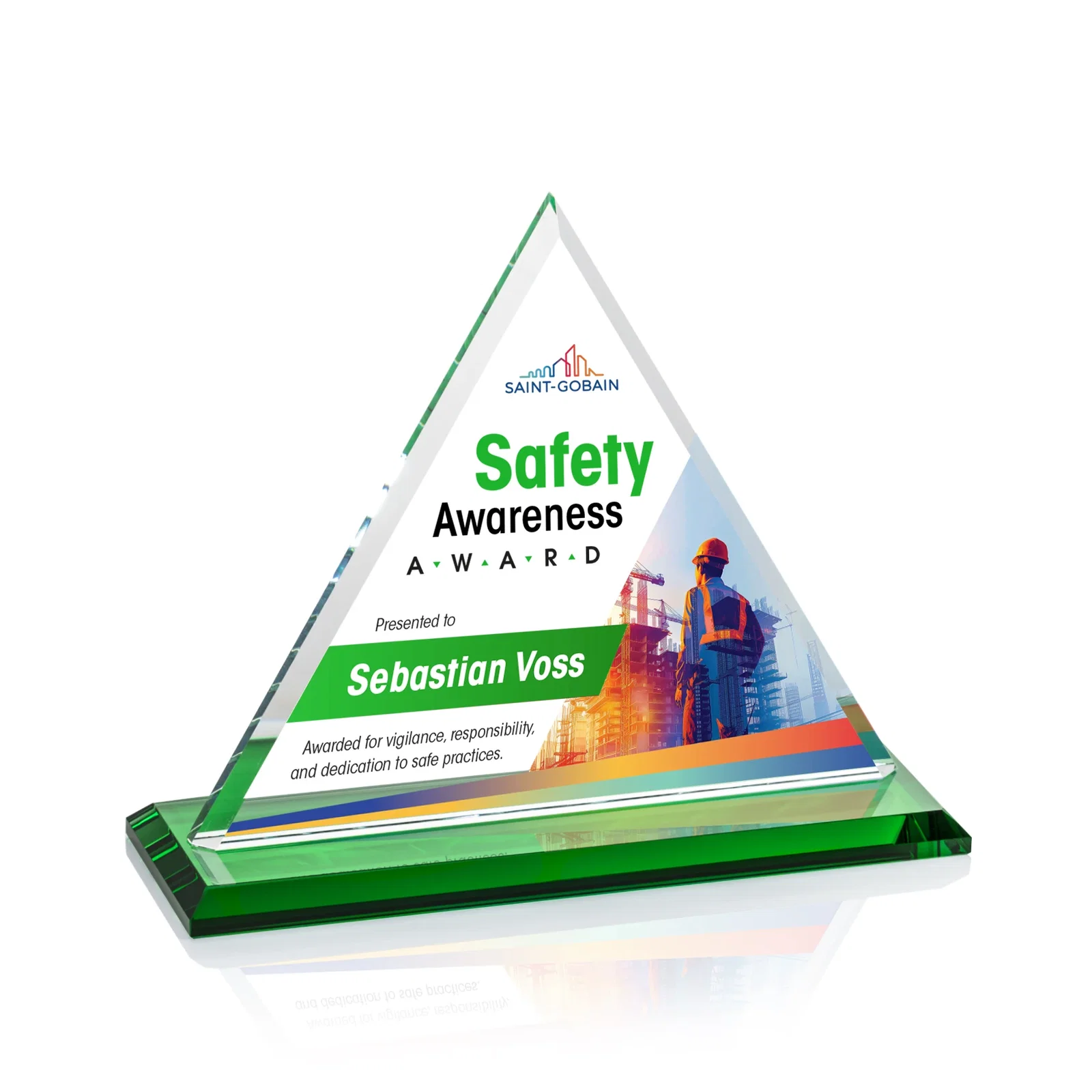 Branded Starfire Crystal Triangle Award With Contrasting White Base for dealer and partner awards