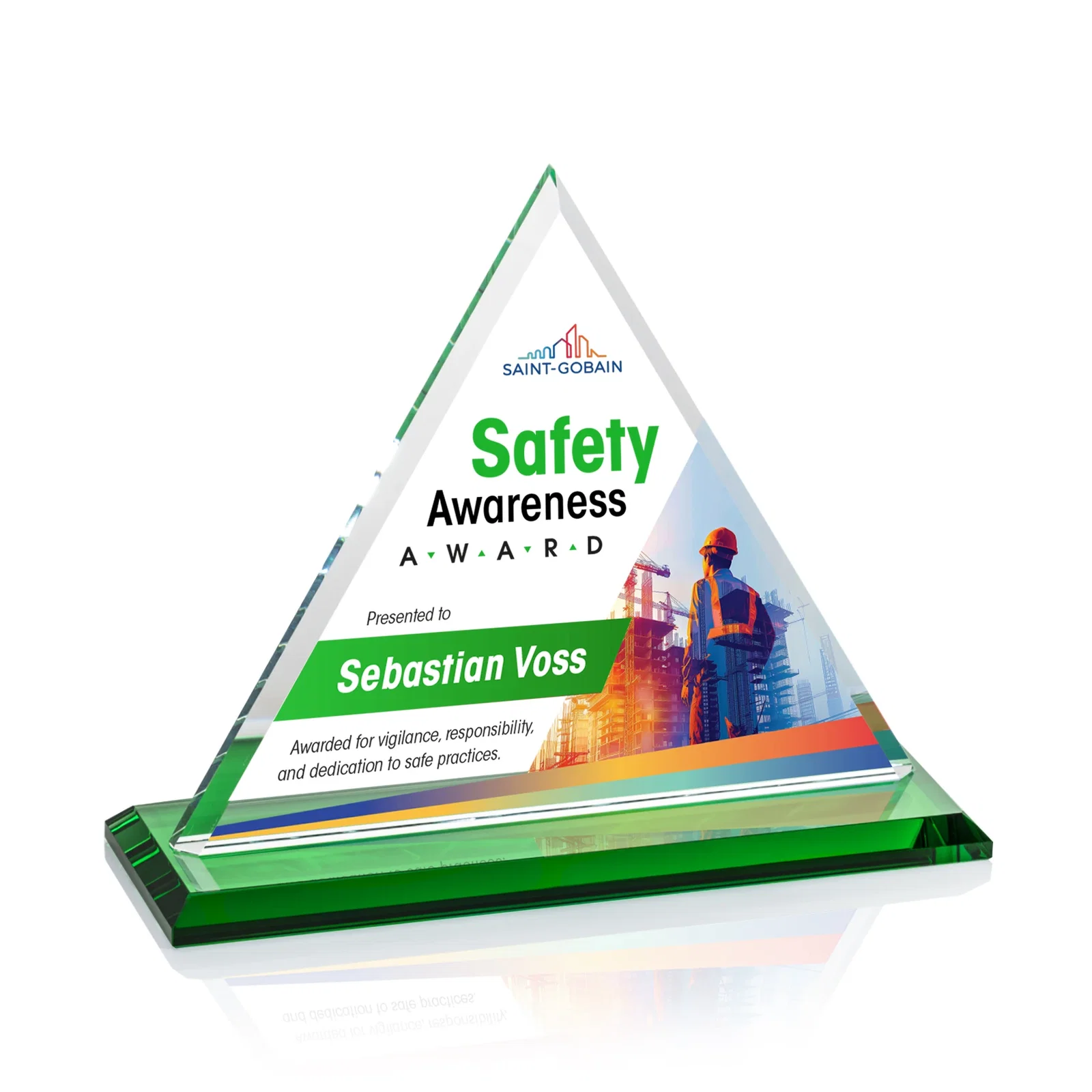Branded Starfire Crystal Triangle Award With Contrasting White Base for company anniversary events