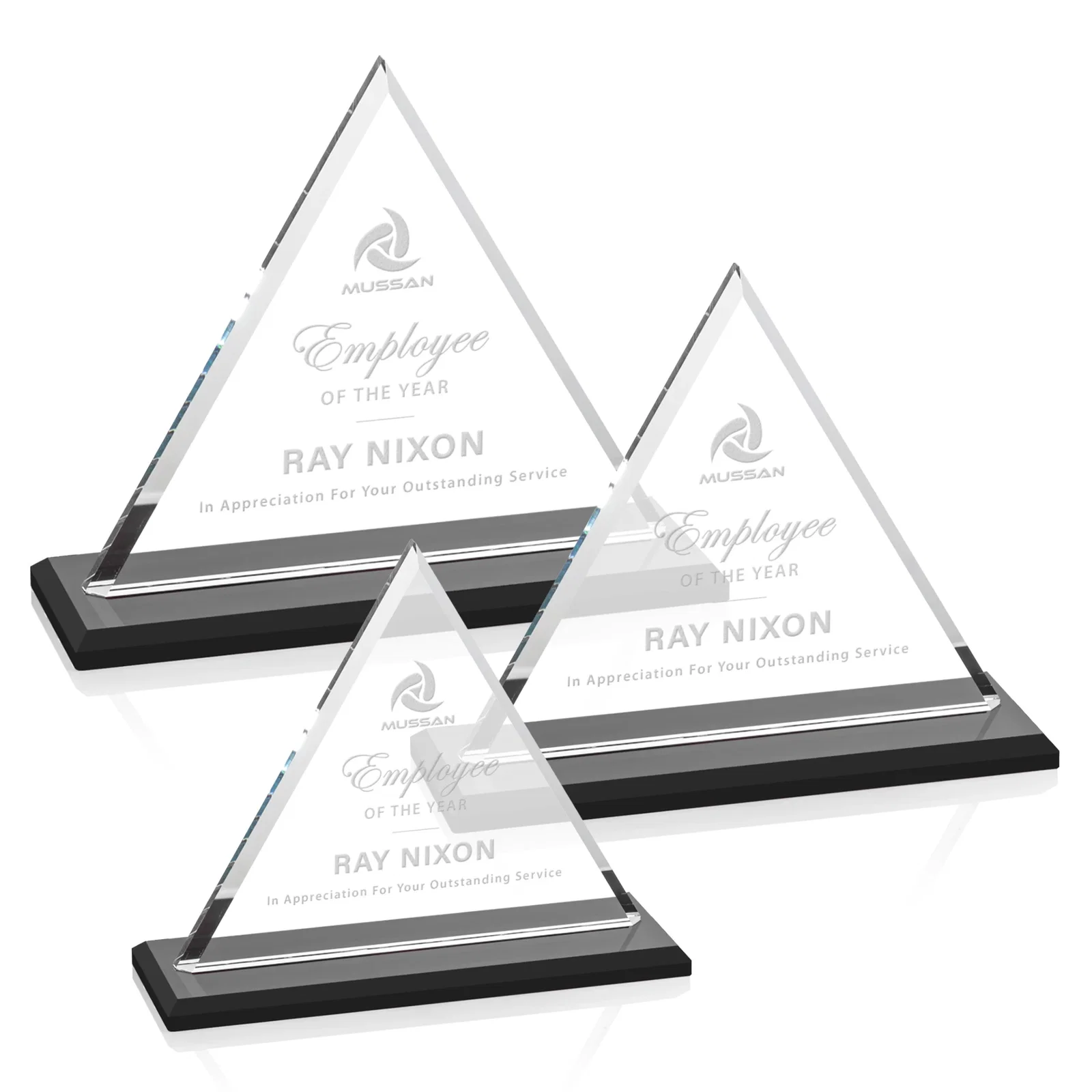 Custom Starfire Crystal Triangle Award With Contrasting White Base for team milestone celebrations