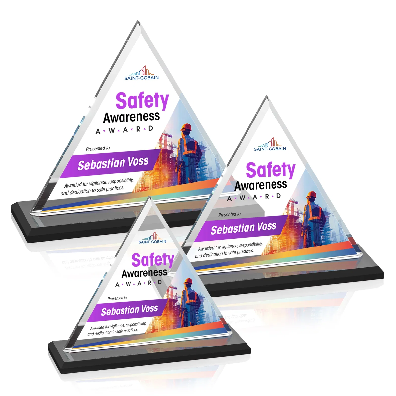 Custom printed Starfire Crystal Triangle Award With Contrasting White Base for corporate award ceremonies