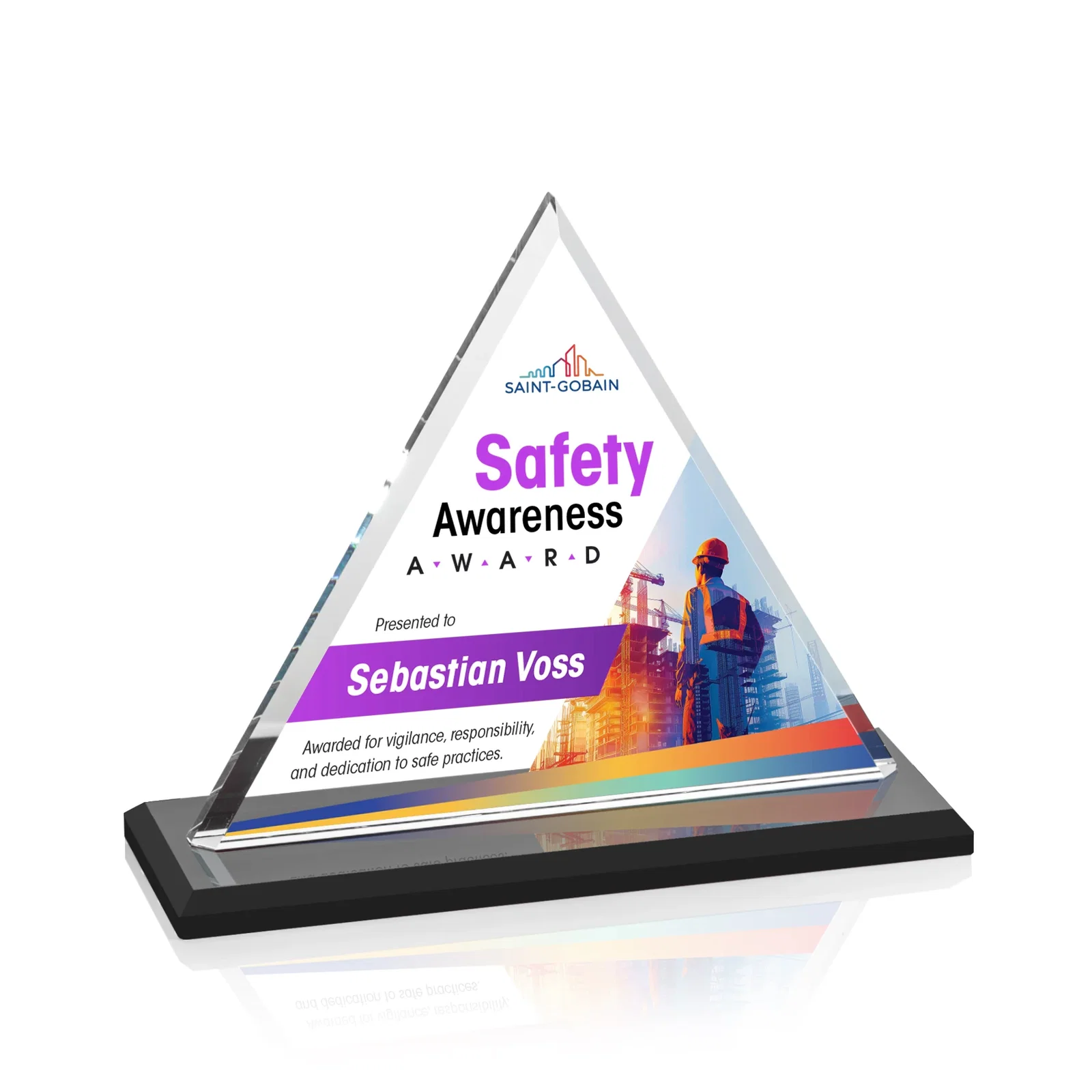 Custom printed Starfire Crystal Triangle Award With Contrasting White Base for service anniversary gifts
