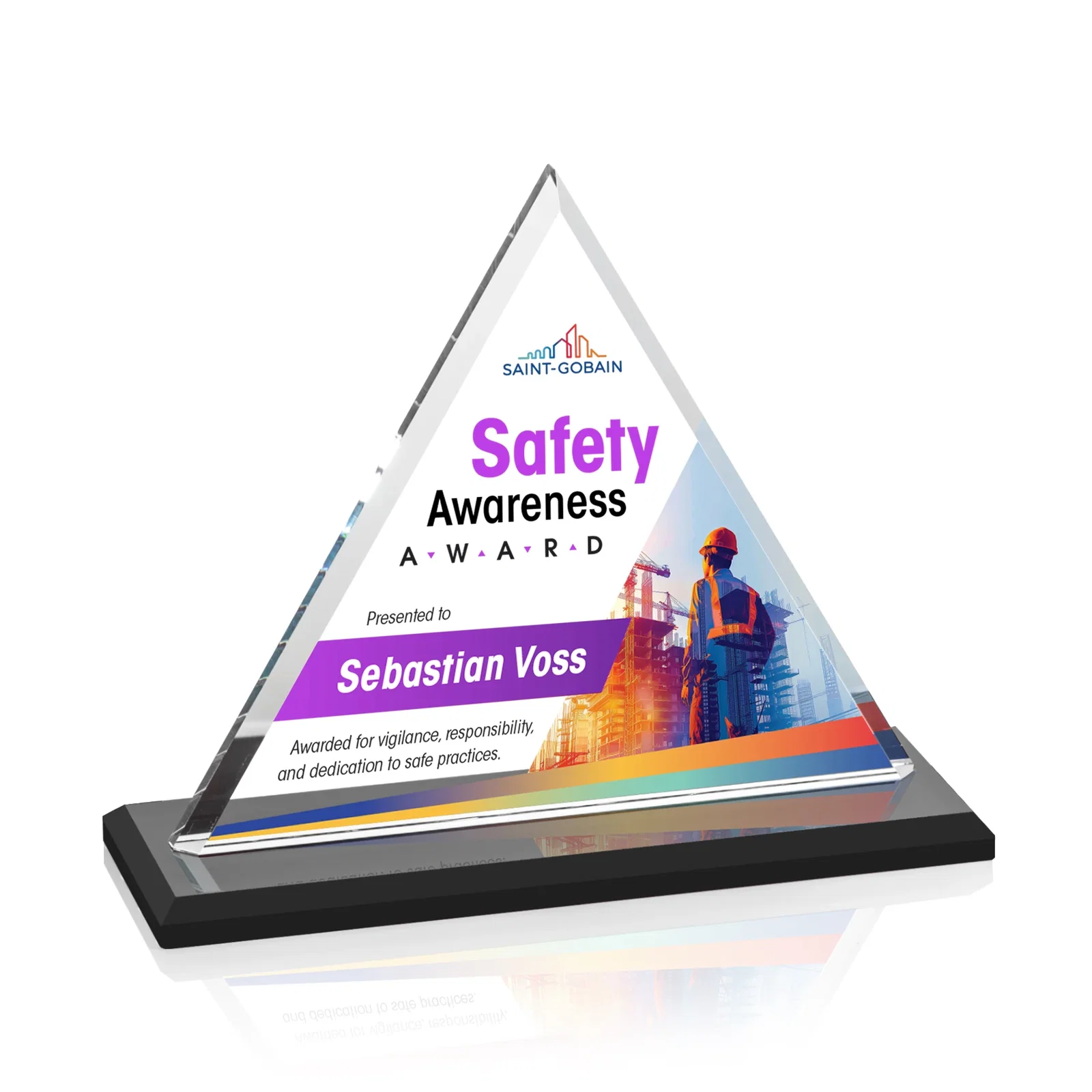 Custom printed Starfire Crystal Triangle Award With Contrasting White Base for sales achievement awards