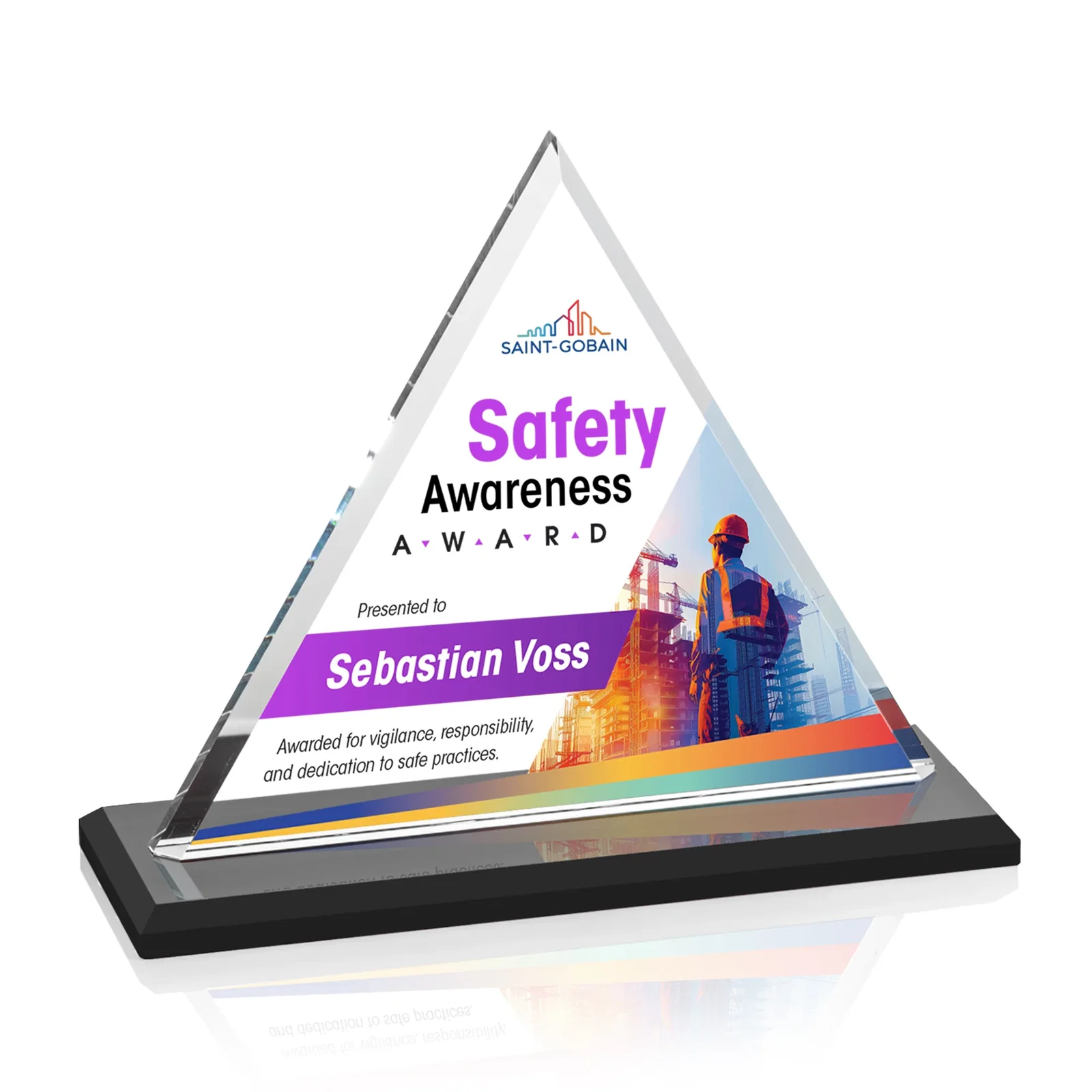Custom printed Starfire Crystal Triangle Award With Contrasting White Base for retirement presentations