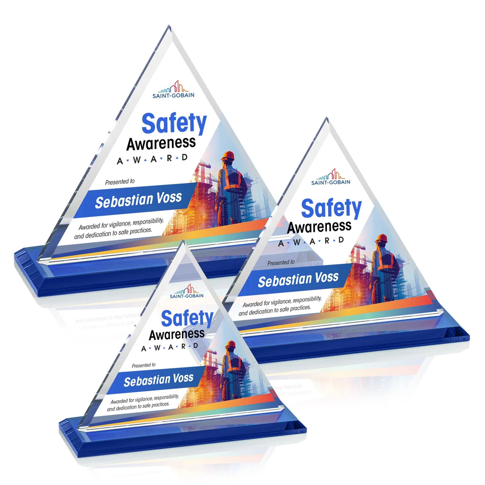 Custom printed Starfire Crystal Triangle Award With Contrasting White Base for team milestone celebrations