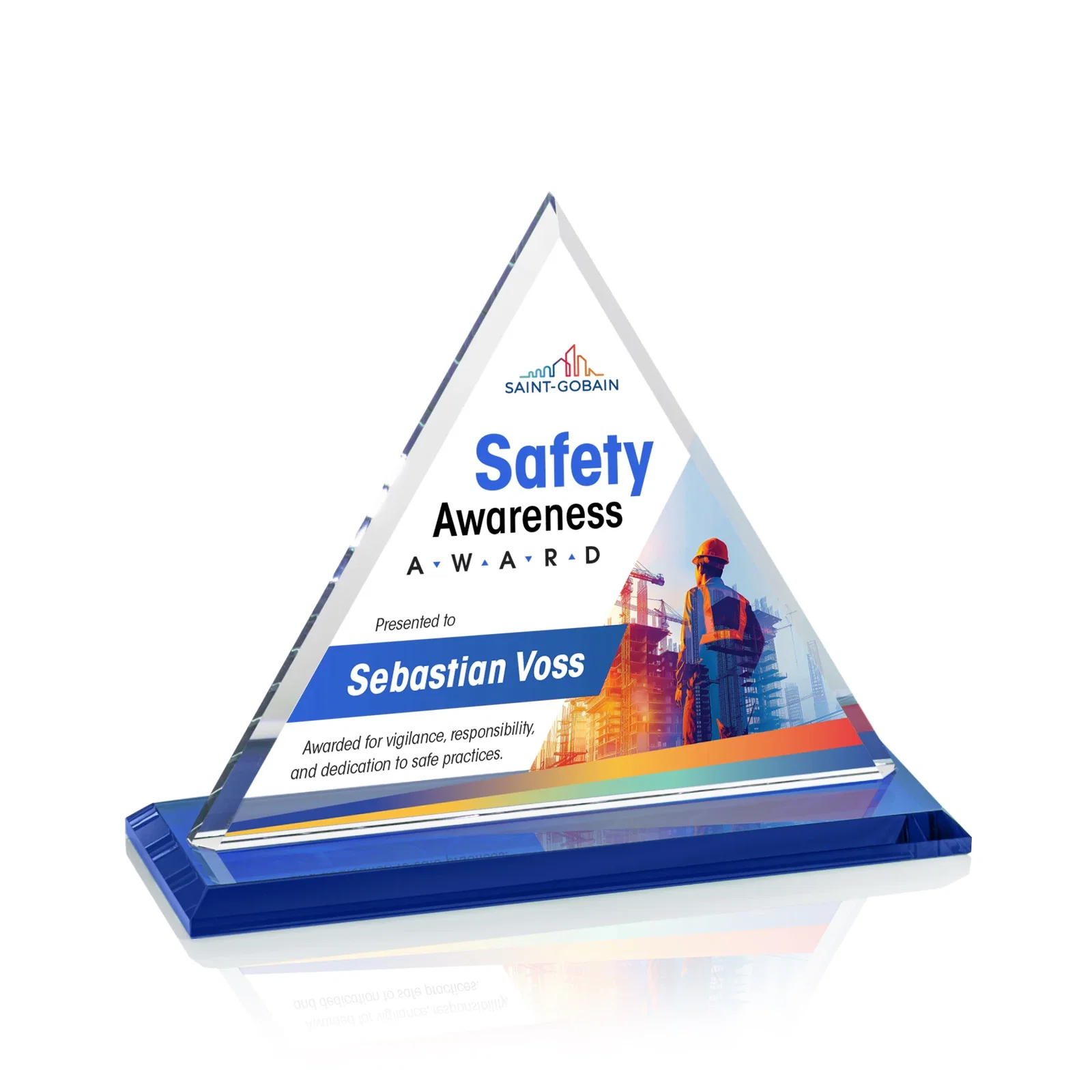 Custom printed Starfire Crystal Triangle Award With Contrasting White Base for donor appreciation