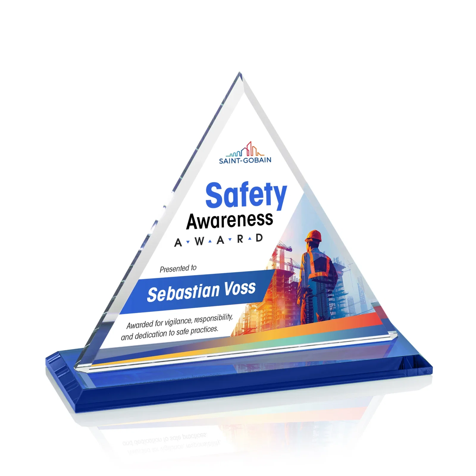 Custom printed Starfire Crystal Triangle Award With Contrasting White Base for graduation ceremonies
