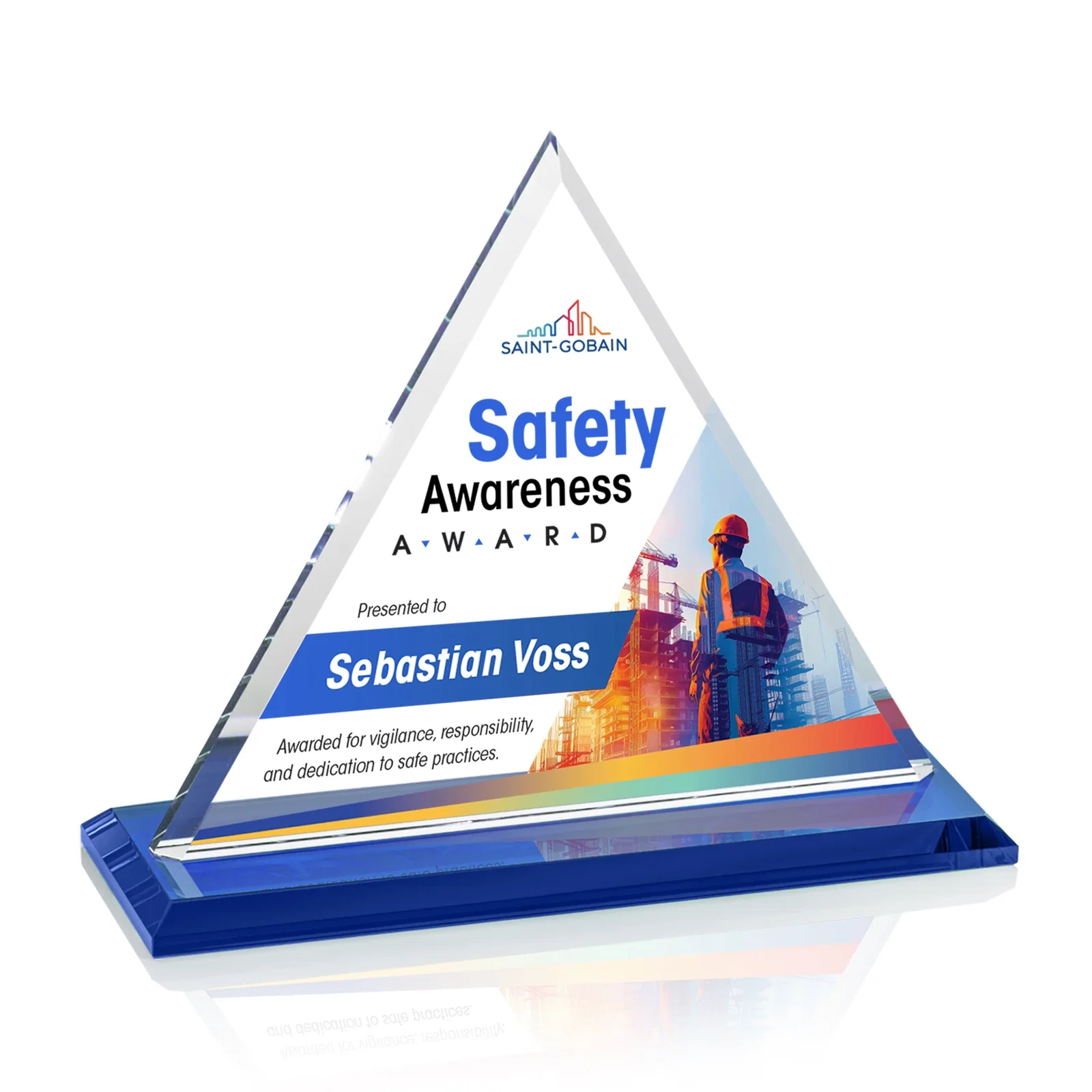 Custom printed Starfire Crystal Triangle Award With Contrasting White Base for safety achievement programs