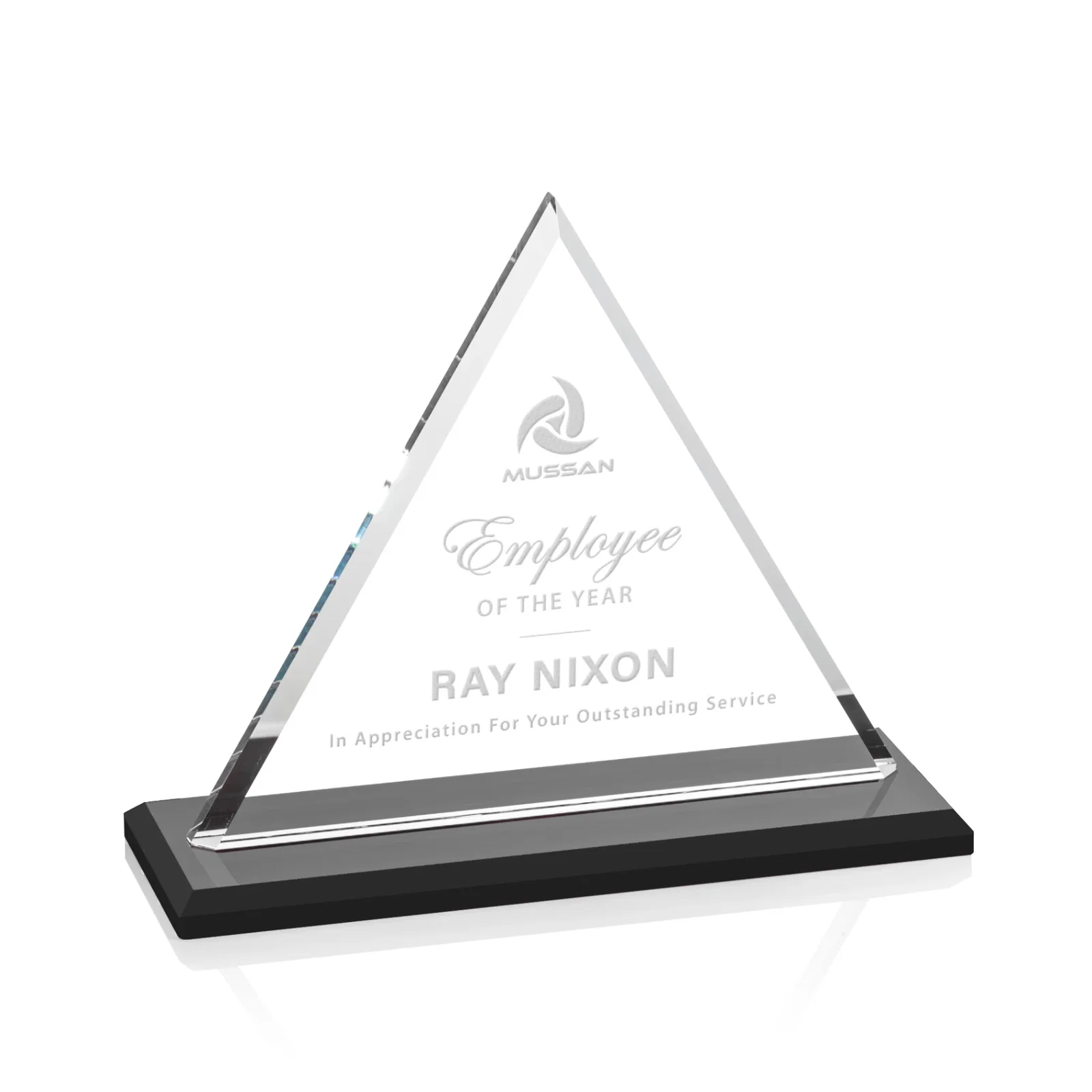 Custom Starfire Crystal Triangle Award With Contrasting White Base for donor appreciation