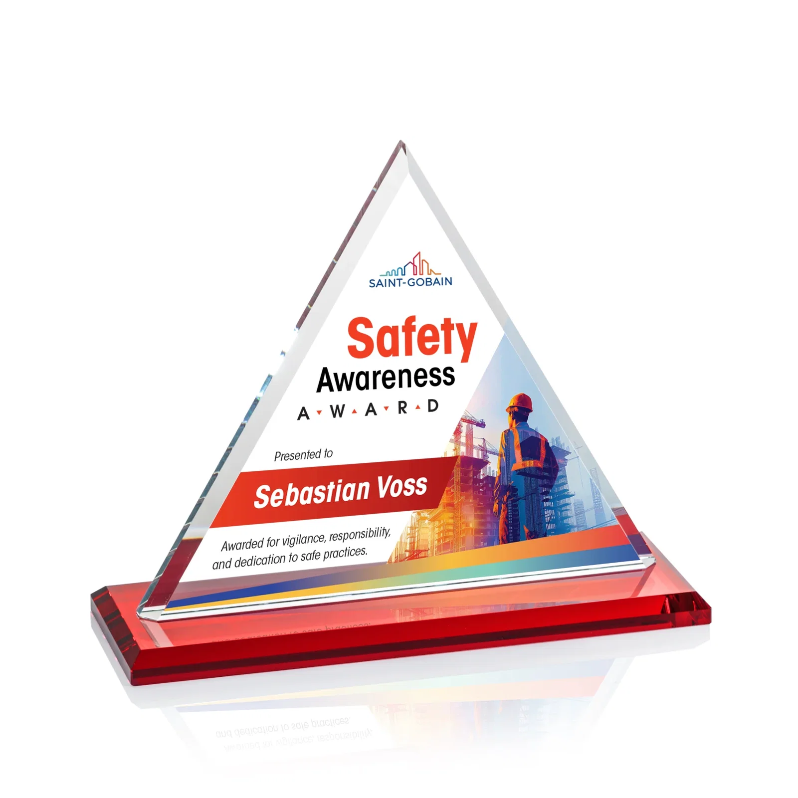 Custom printed Starfire Crystal Triangle Award With Contrasting White Base for dealer and partner awards