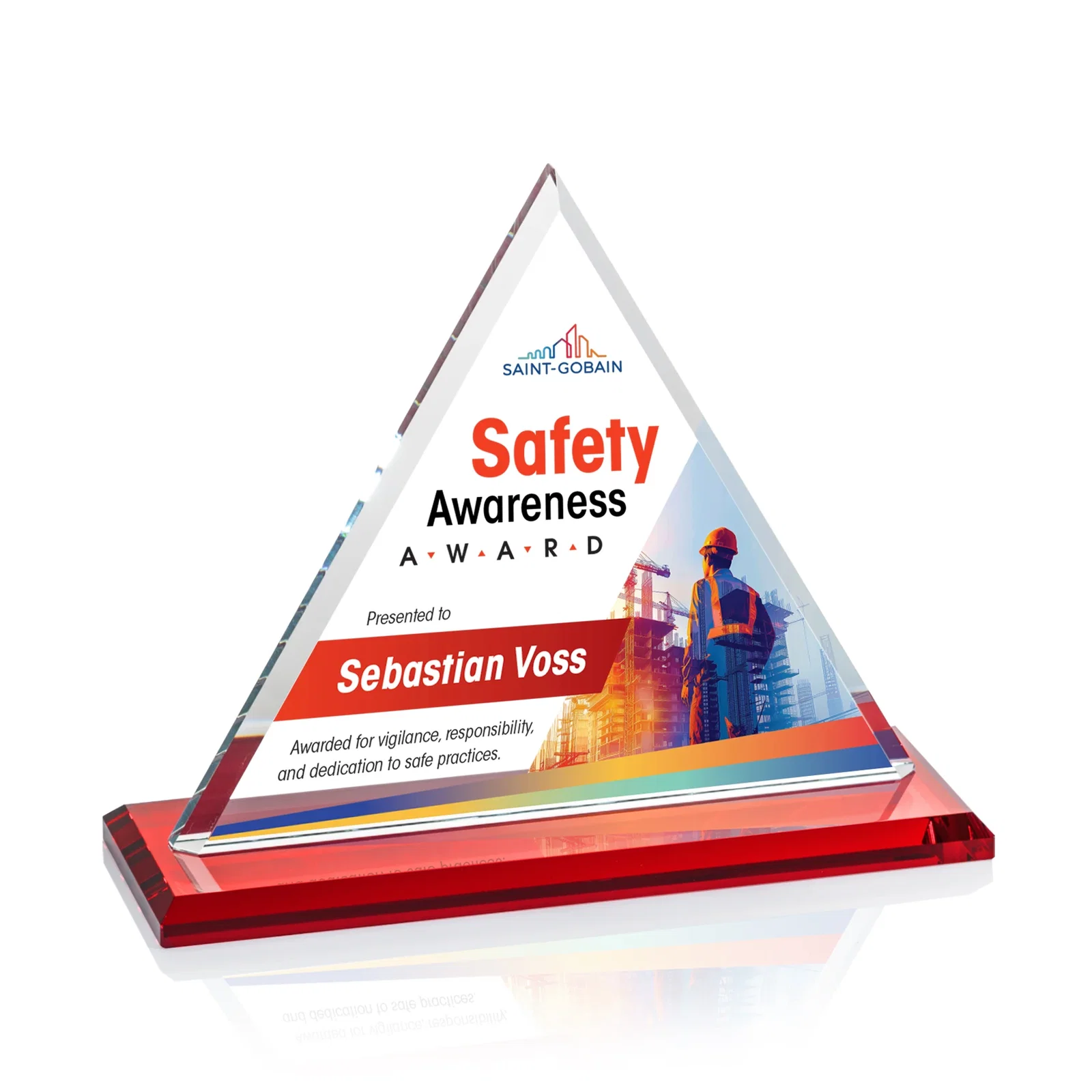 Custom printed Starfire Crystal Triangle Award With Contrasting White Base for company anniversary events