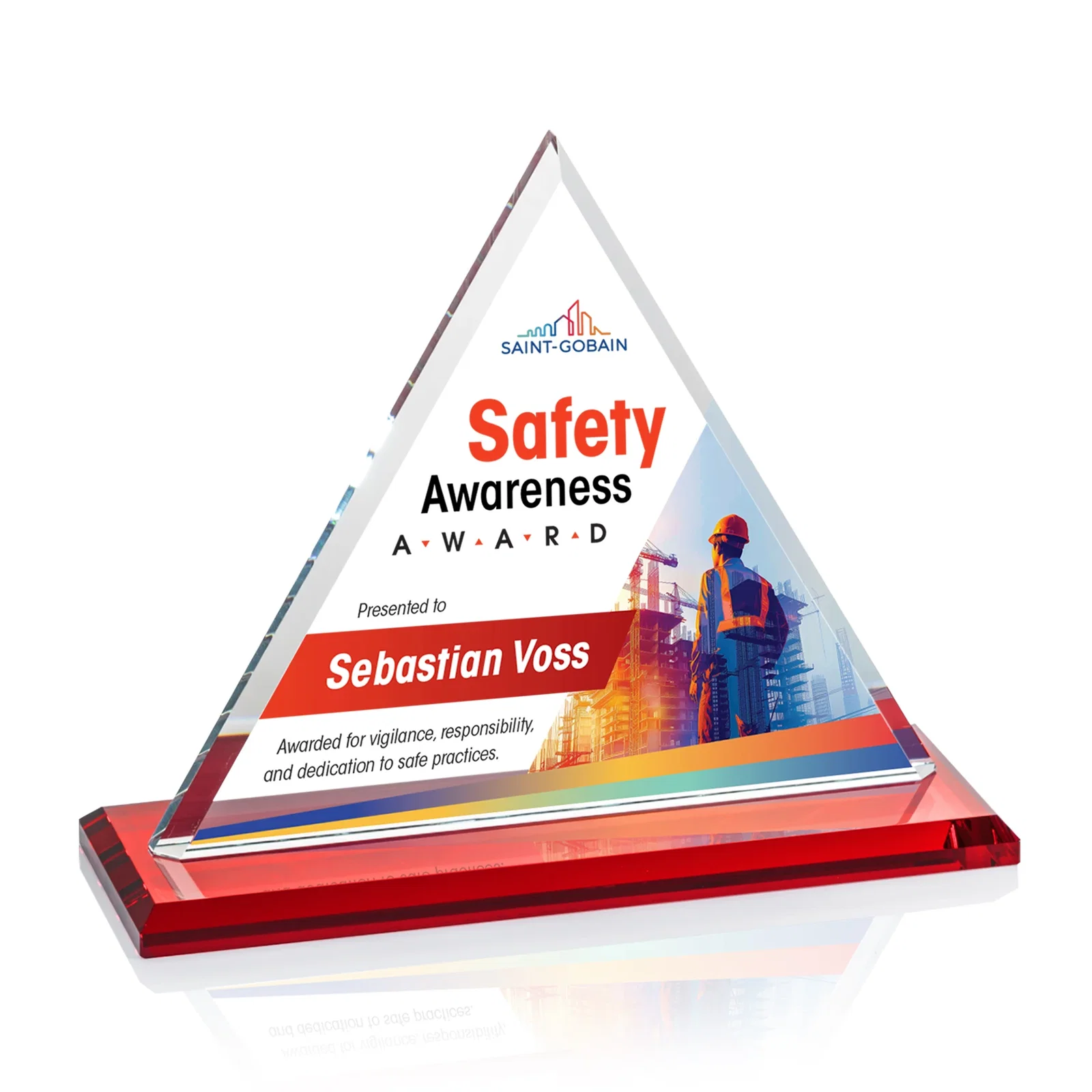 Customized Starfire Crystal Triangle Award With Contrasting White Base for employee recognition