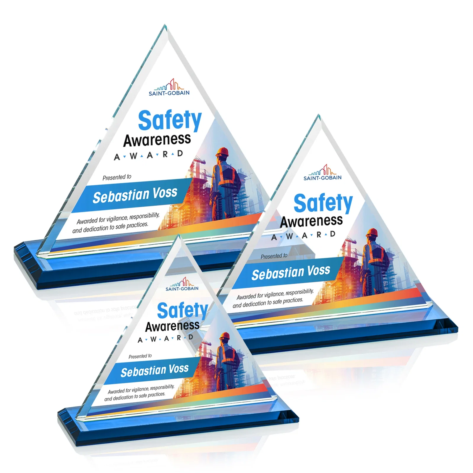 Customized Starfire Crystal Triangle Award With Contrasting White Base for corporate award ceremonies