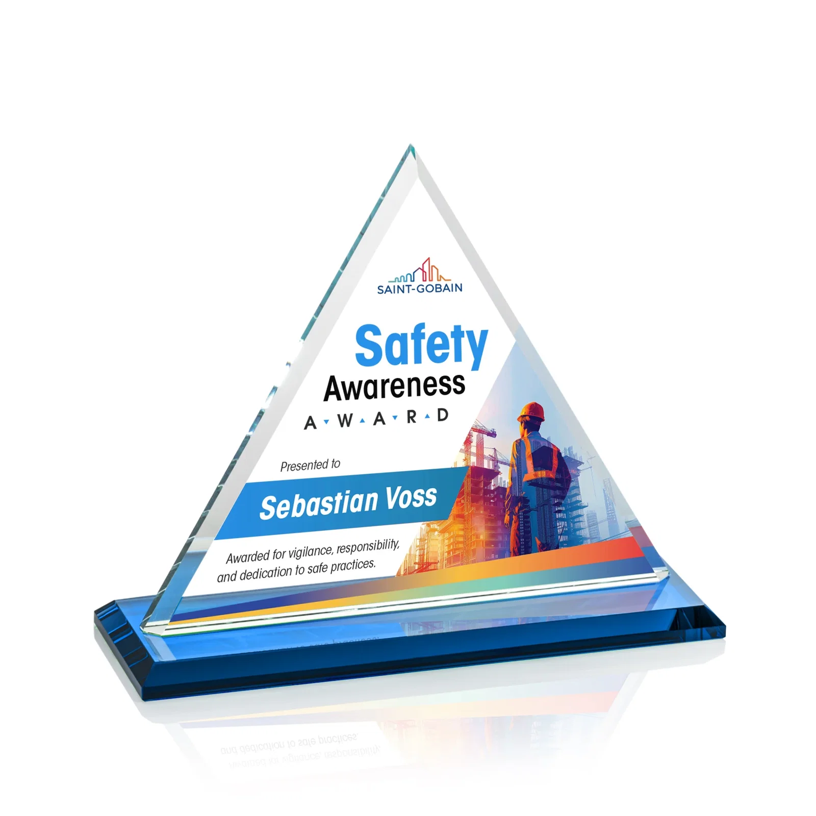 Customized Starfire Crystal Triangle Award With Contrasting White Base for service anniversary gifts