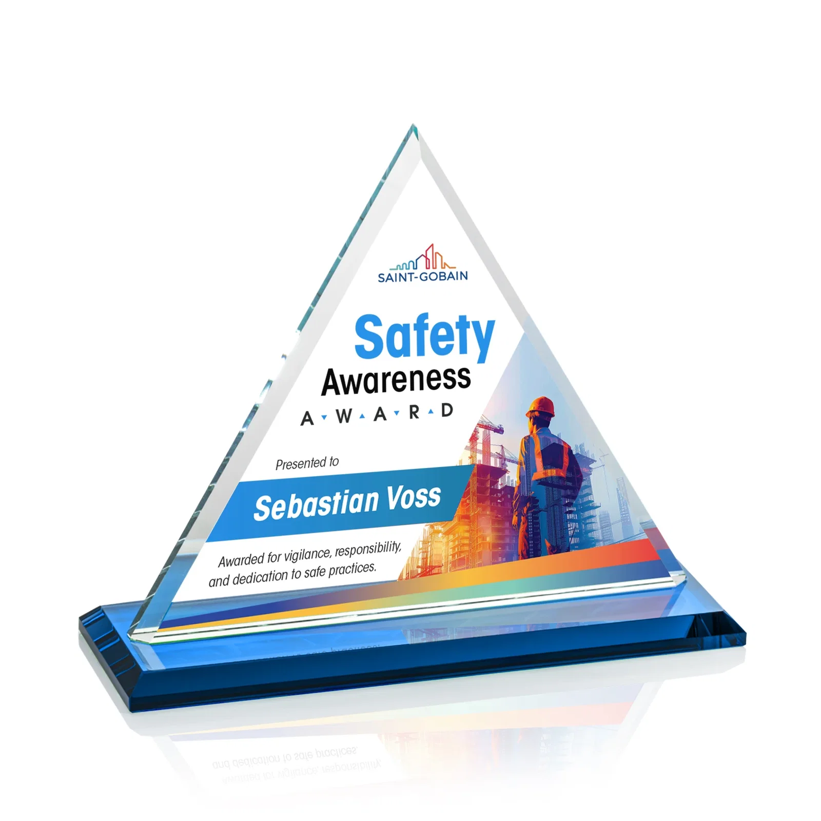 Customized Starfire Crystal Triangle Award With Contrasting White Base for sales achievement awards