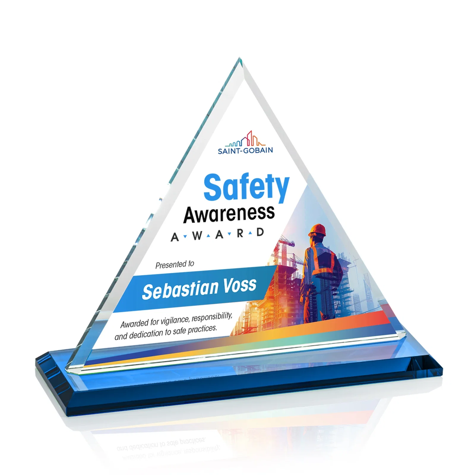 Customized Starfire Crystal Triangle Award With Contrasting White Base for retirement presentations