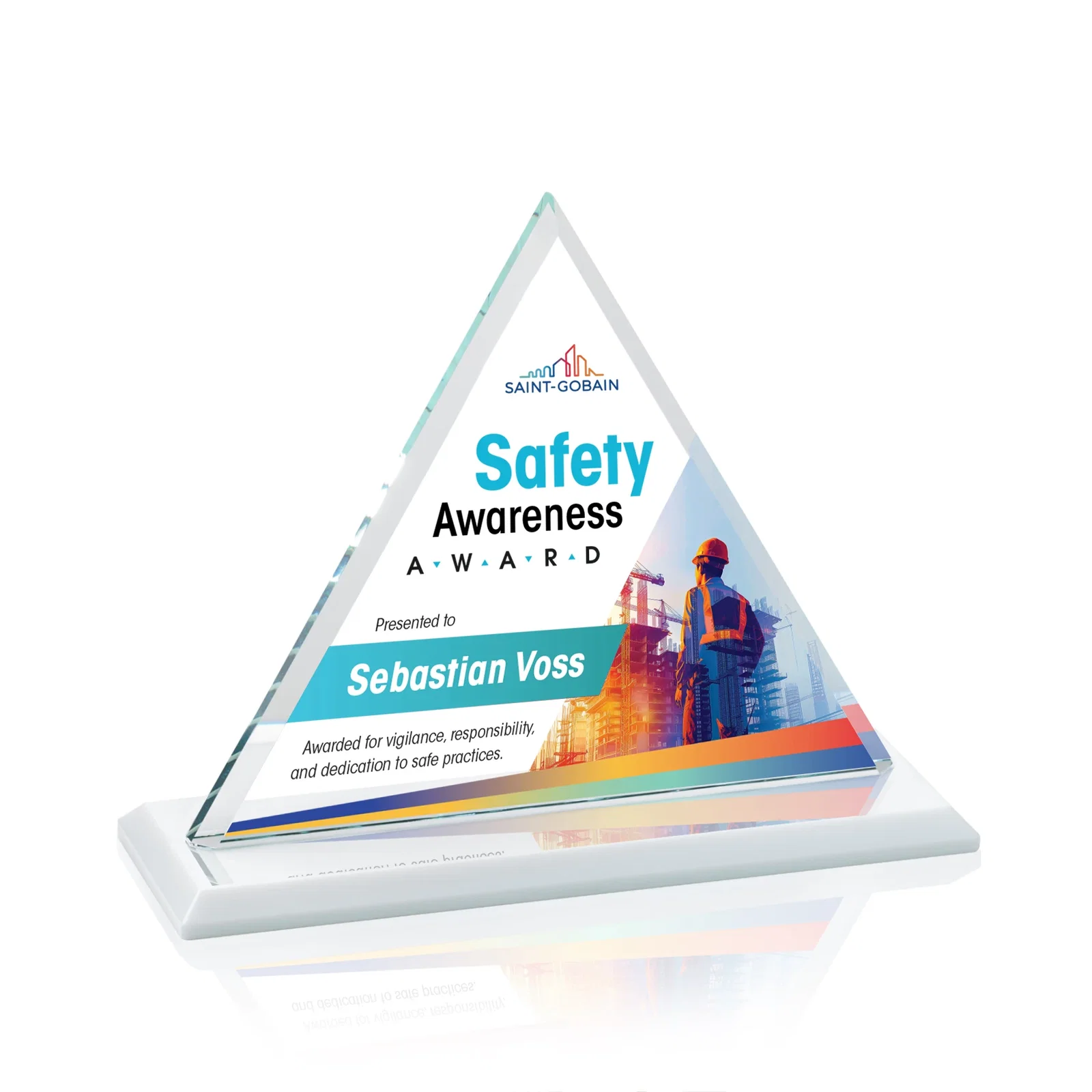 Customized Starfire Crystal Triangle Award With Contrasting White Base for donor appreciation