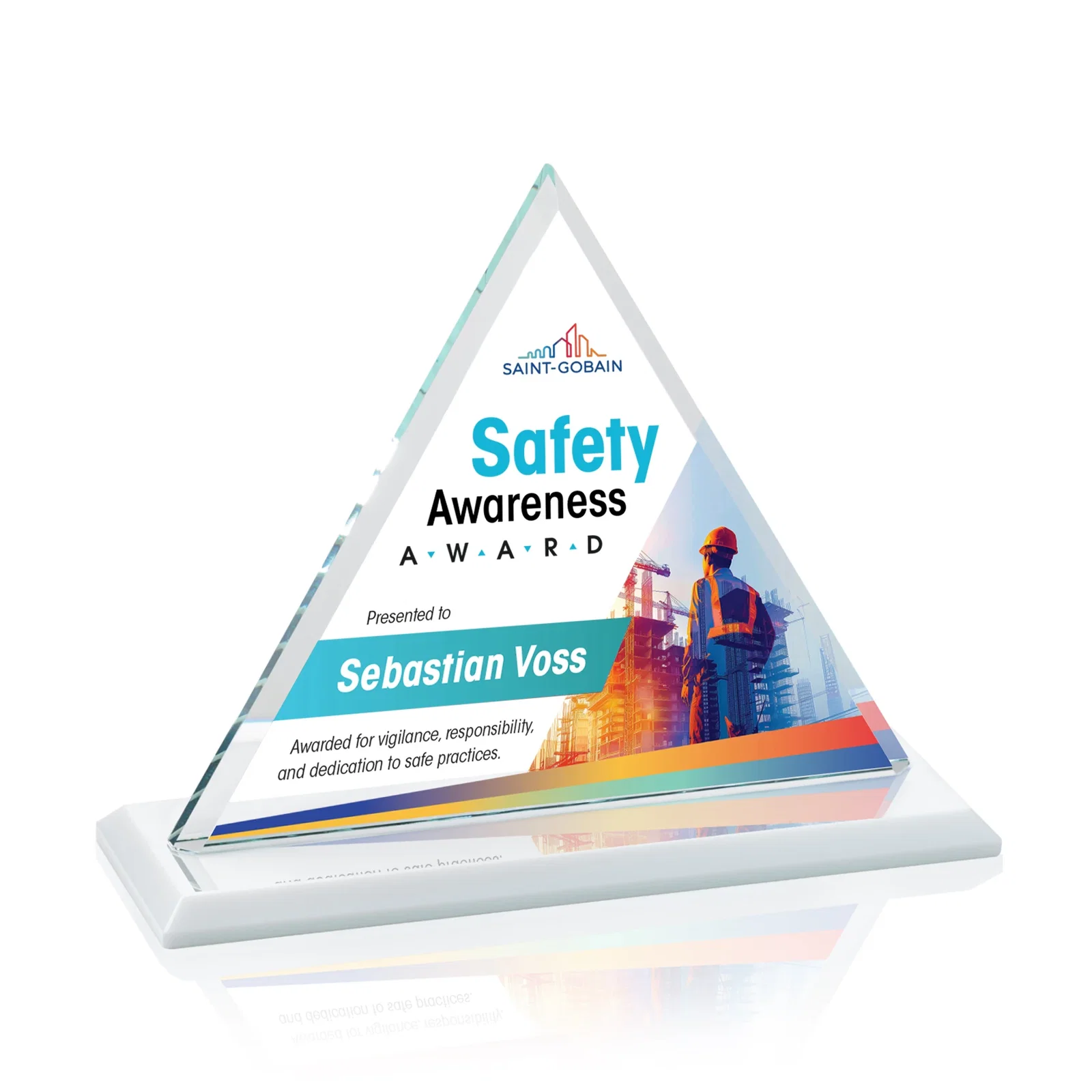 Customized Starfire Crystal Triangle Award With Contrasting White Base for graduation ceremonies