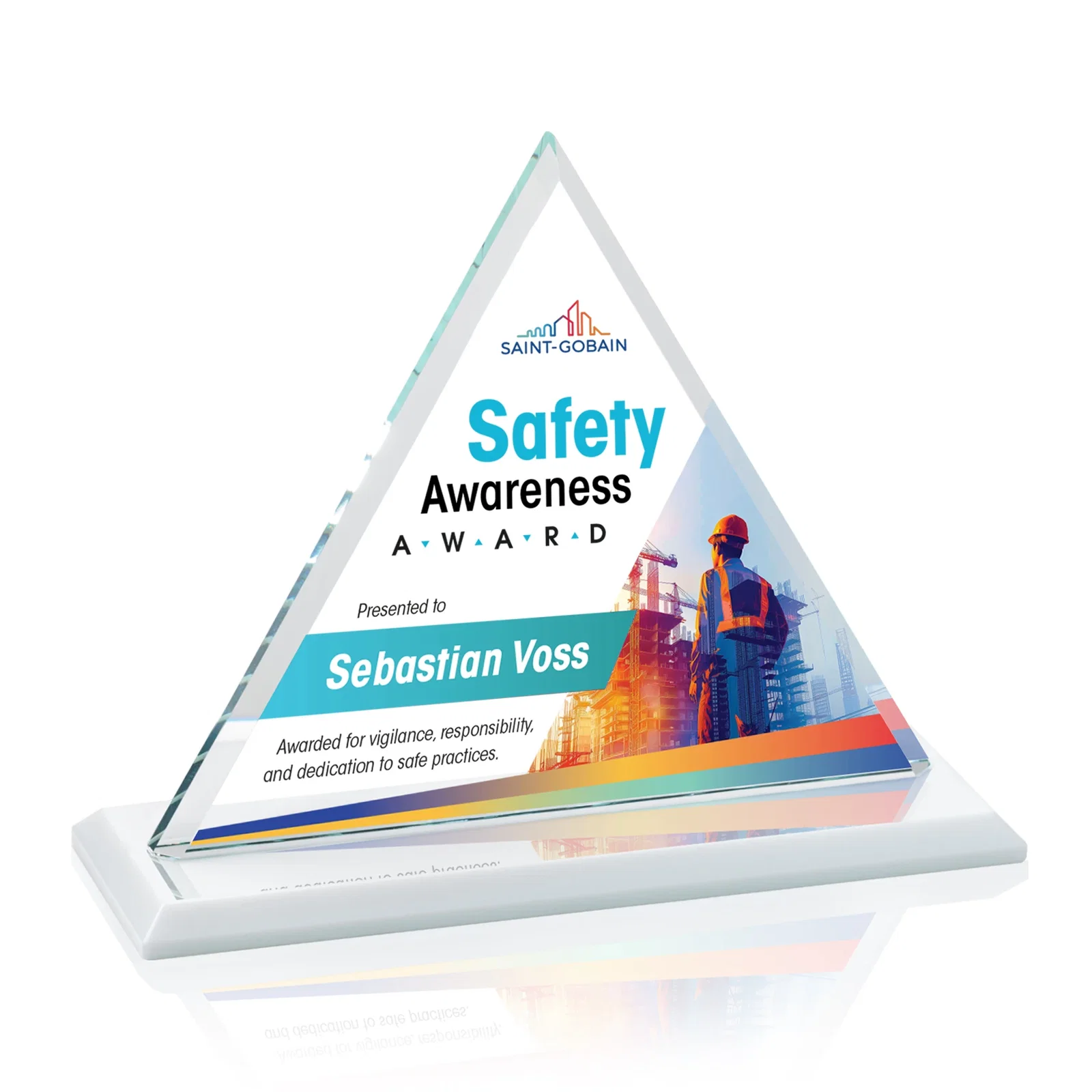 Customized Starfire Crystal Triangle Award With Contrasting White Base for safety achievement programs