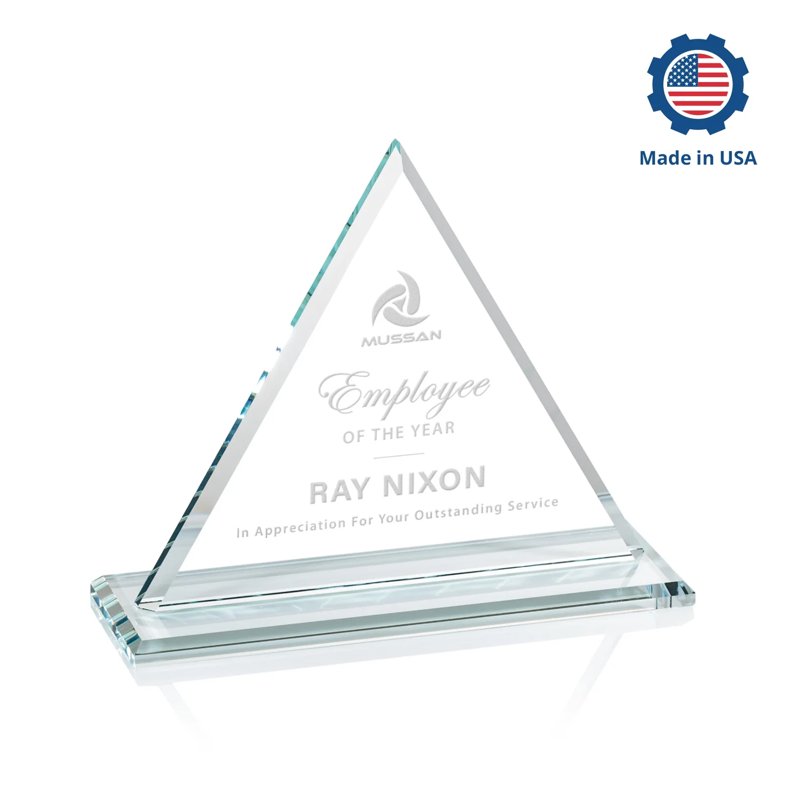 Customized Starfire Crystal Triangle Award With Contrasting White Base for dealer and partner awards