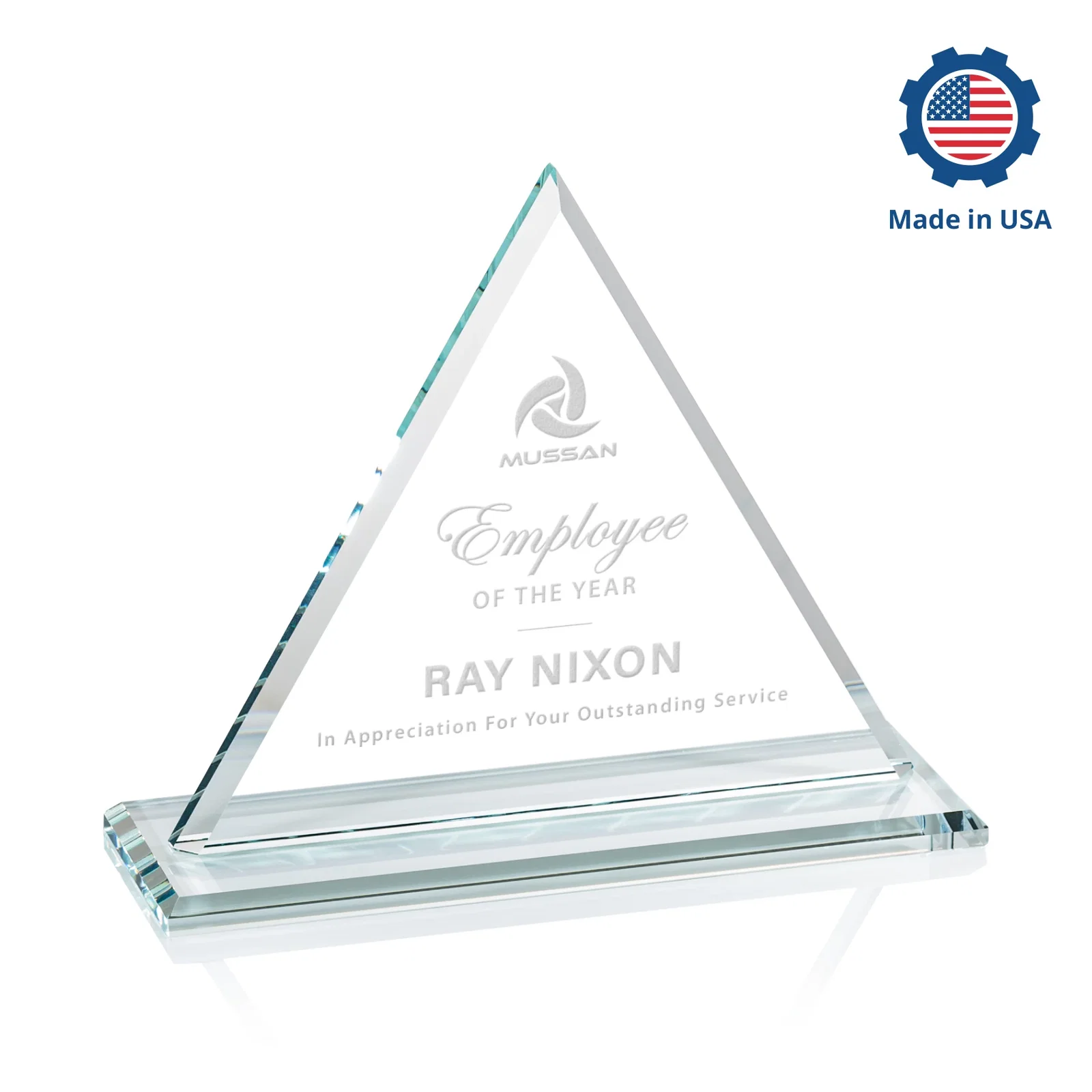 Customized Starfire Crystal Triangle Award With Contrasting White Base for company anniversary events