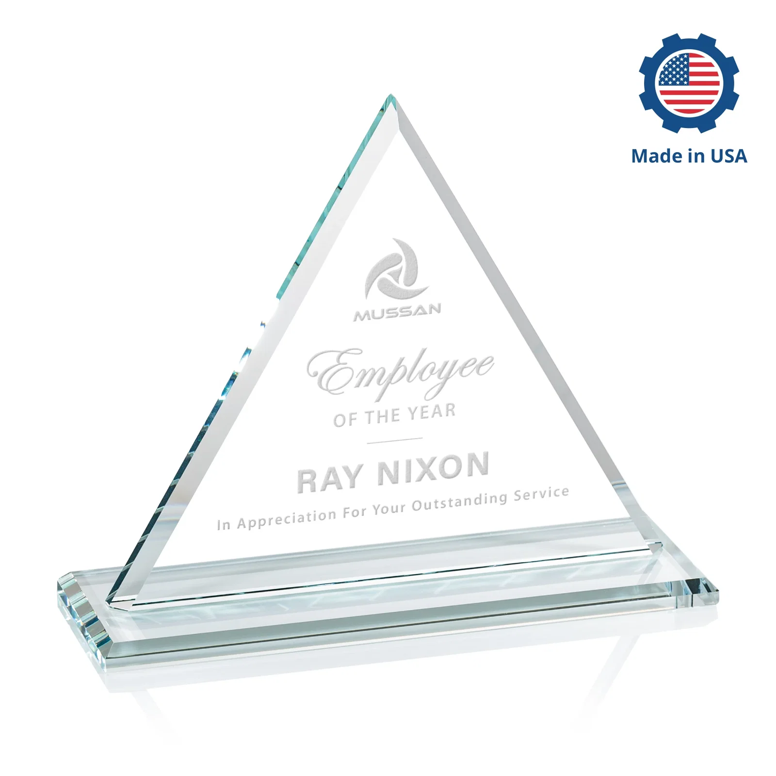 Custom engraved Starfire Crystal Triangle Award With Contrasting White Base for employee recognition