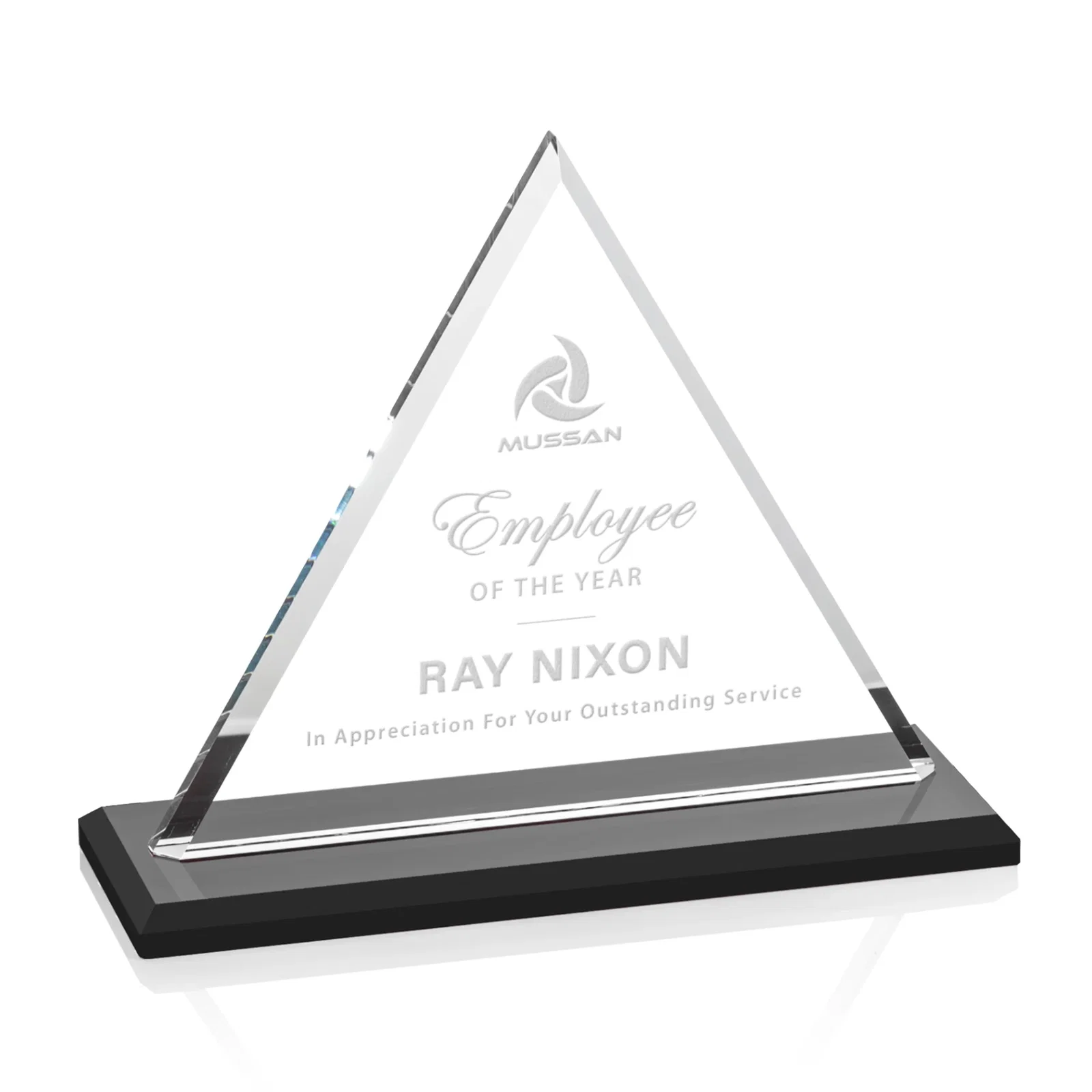 Custom Starfire Crystal Triangle Award With Contrasting White Base for safety achievement programs