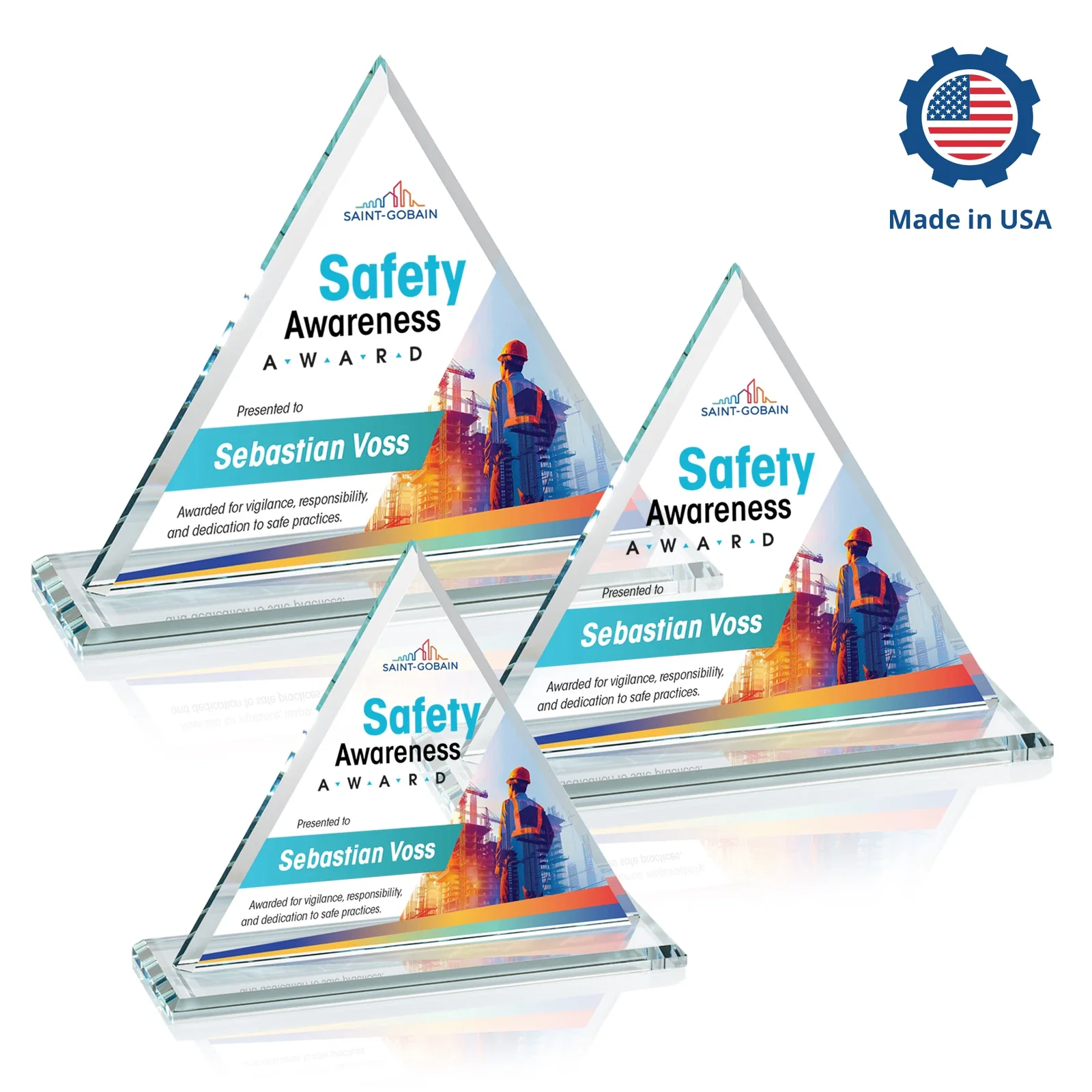 Custom engraved Starfire Crystal Triangle Award With Contrasting White Base for corporate award ceremonies