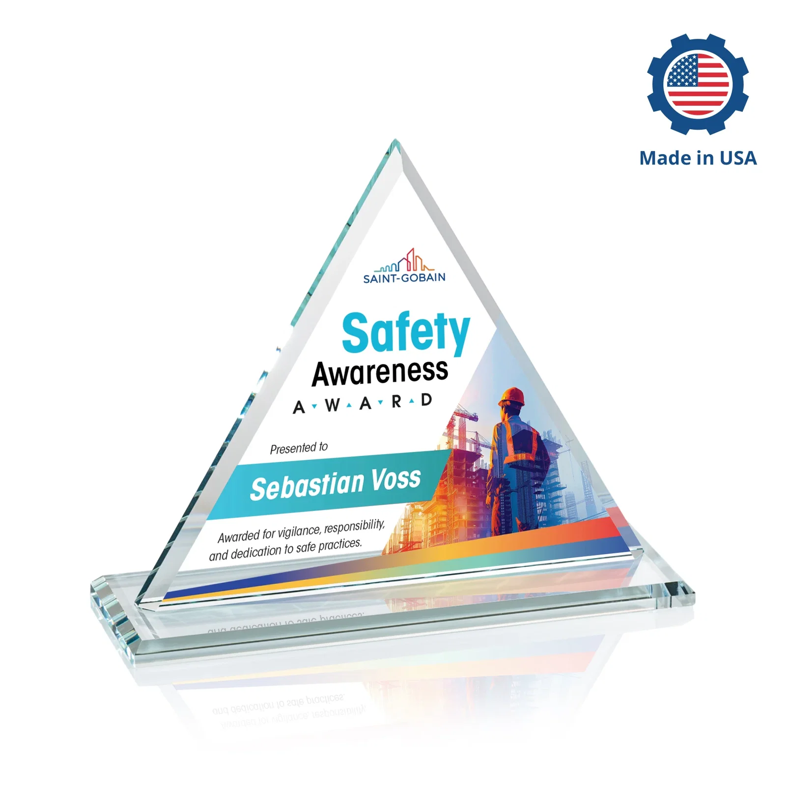 Custom engraved Starfire Crystal Triangle Award With Contrasting White Base for service anniversary gifts