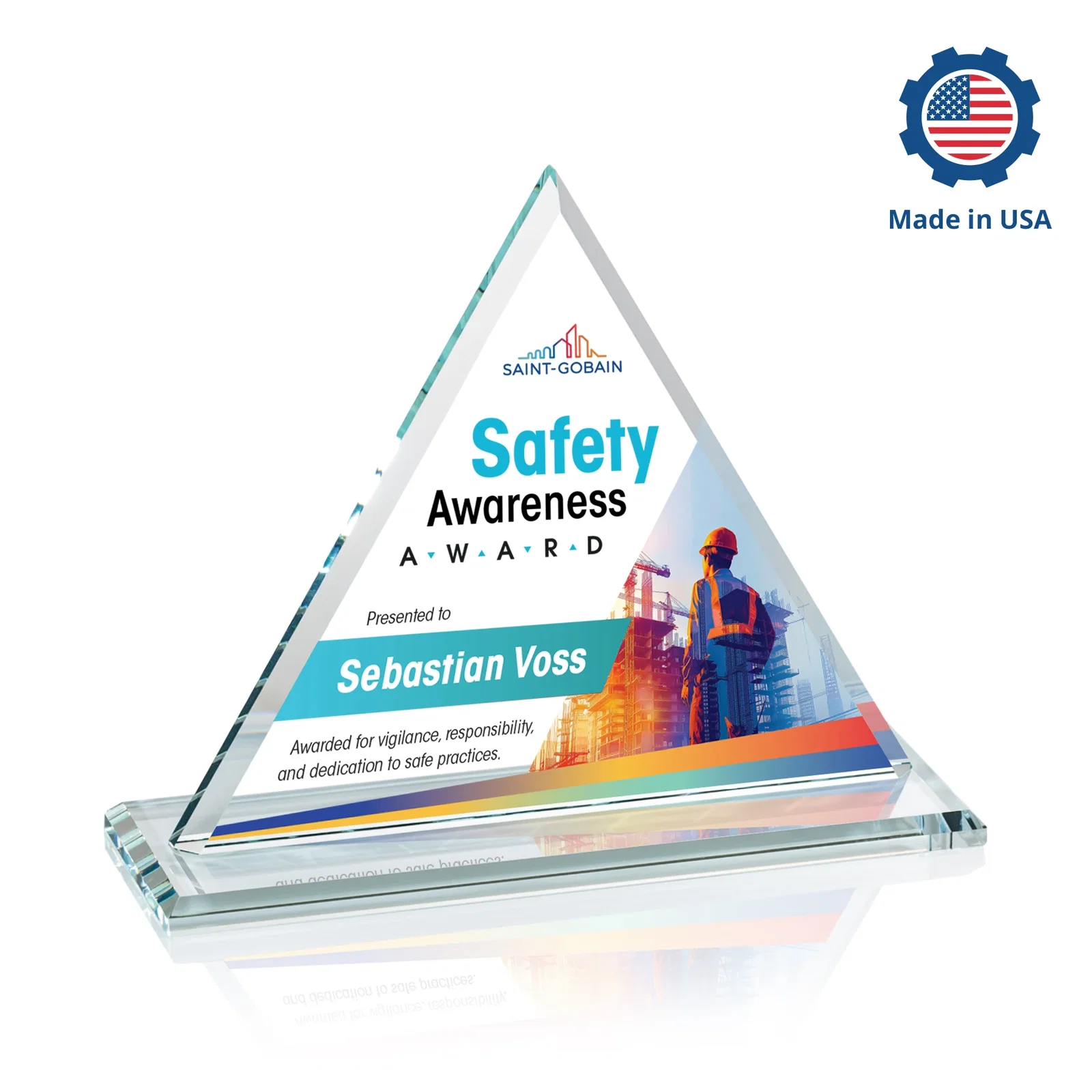 Custom engraved Starfire Crystal Triangle Award With Contrasting White Base for sales achievement awards