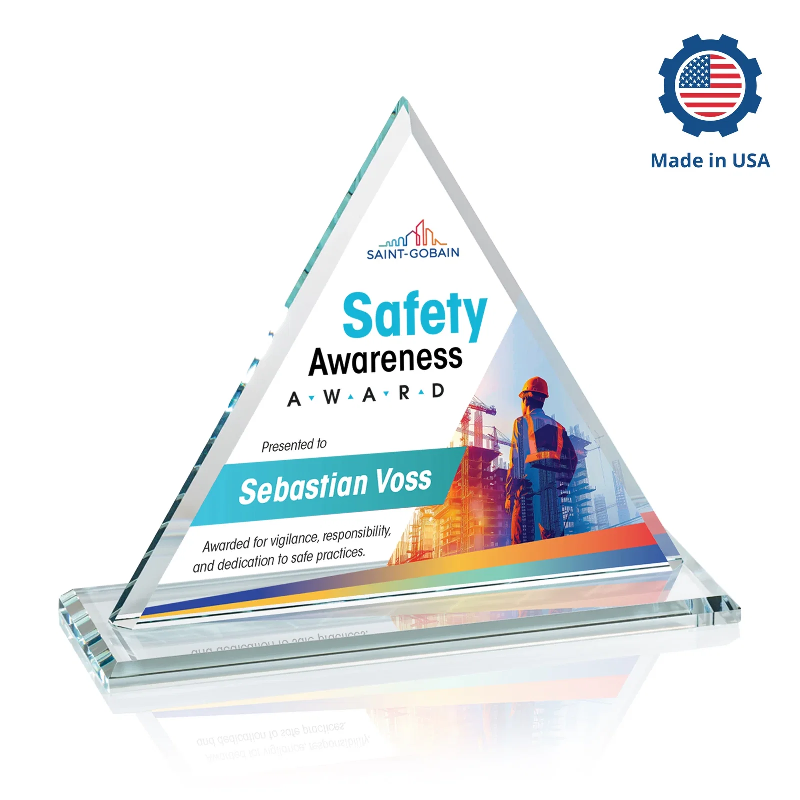 Custom engraved Starfire Crystal Triangle Award With Contrasting White Base for retirement presentations
