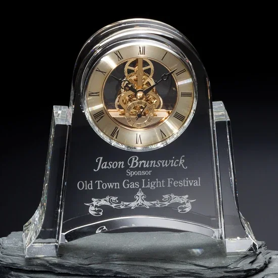 Custom Layered Optical Crystal Mantel Clock With Gold Skeleton Movement for employee recognition