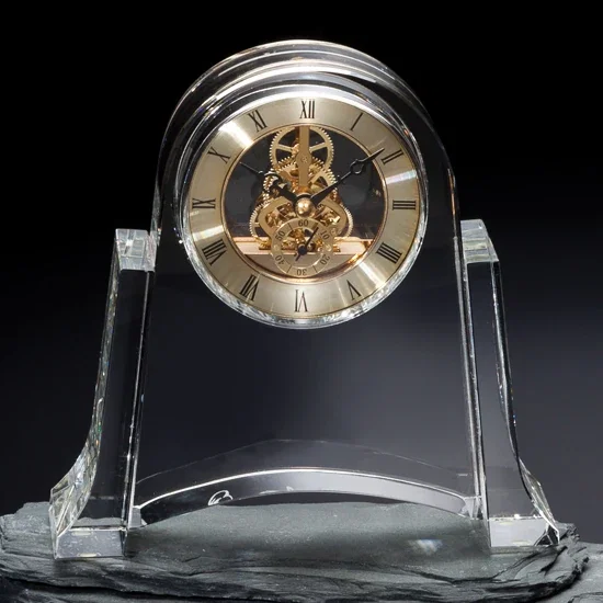 Custom Layered Optical Crystal Mantel Clock With Gold Skeleton Movement for corporate award ceremonies