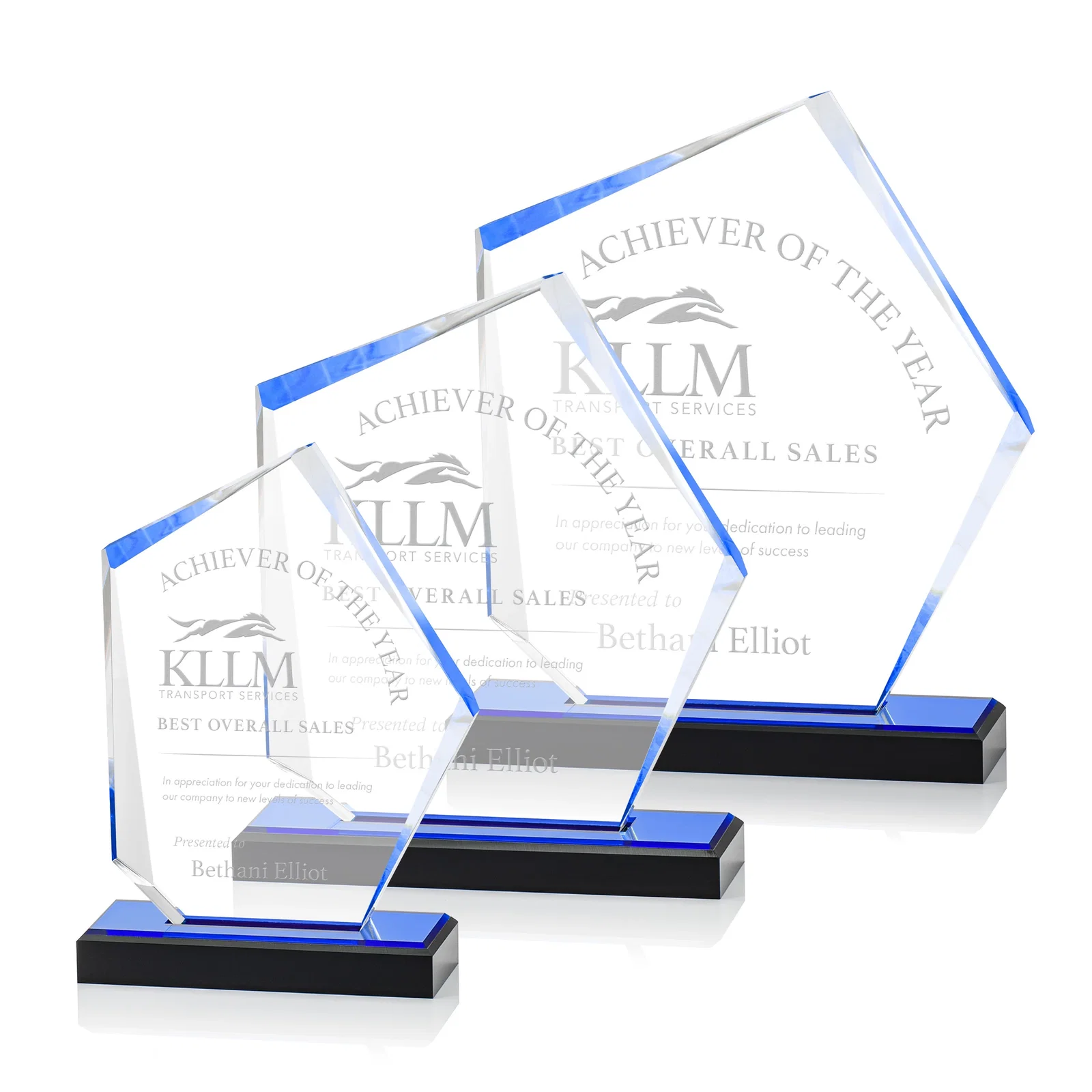 Custom Faceted Acrylic Award with Blue Reflective Frame on Ebony Base for employee recognition
